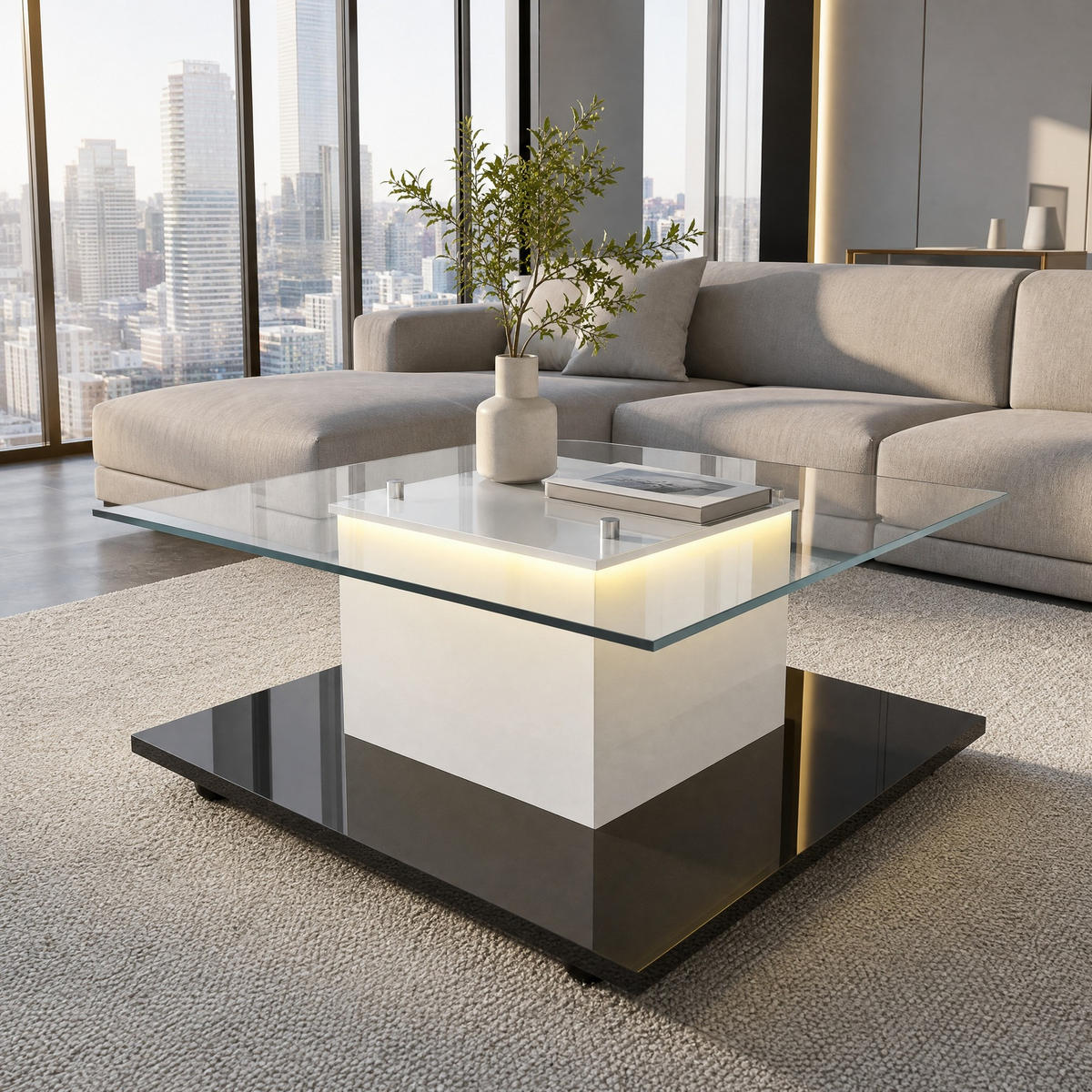 COUCHTISCH mit Hochglanzglas LED-Beleuchtung App-Steuerung Schwenkräder - Schwarz/Weiß, Holzwerkstoff (80/80/40cm) - EVRYAE