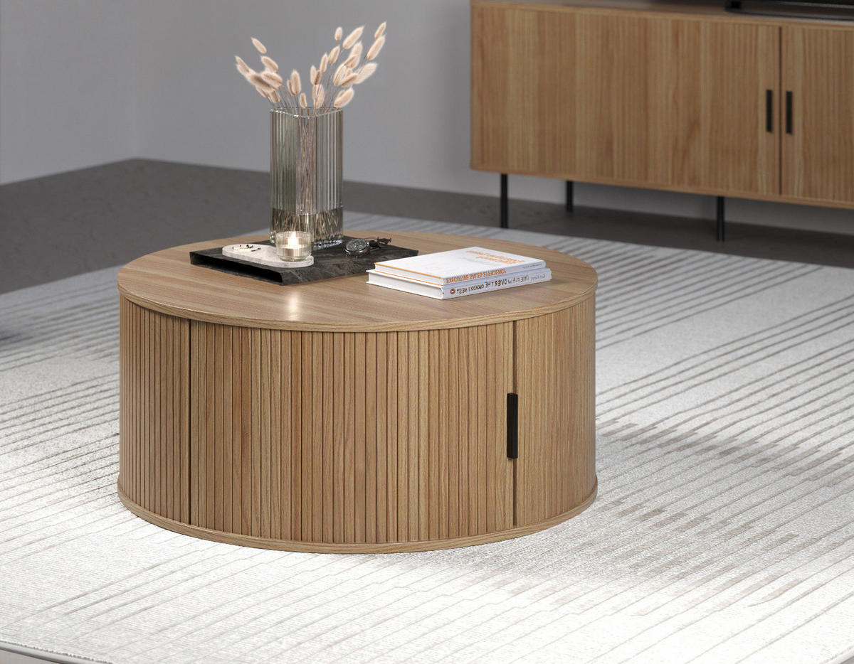 COUCHTISCH Eiche, schwarz rund 80 cm, Beistelltisch mit Stauraum - Eichefarben, Holzwerkstoff/Kunststoff (80/80/36cm) - Top.Furn