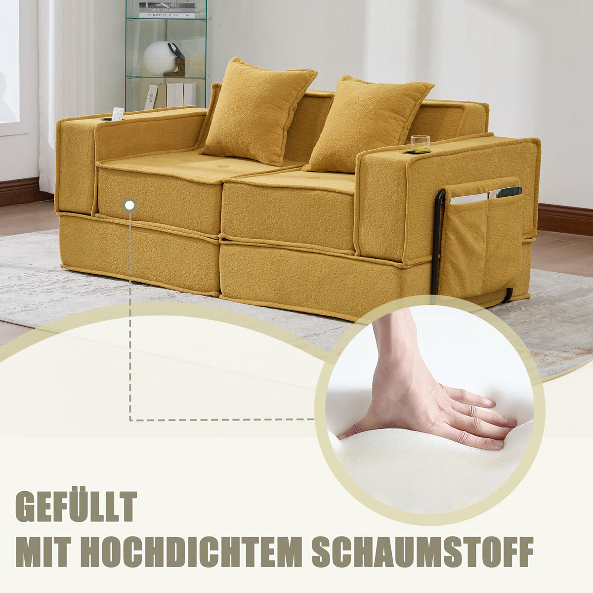 SCHLAFSOFA 162/78/66 cm Senfgelb Chenille mit seitlichem Stauraum und Getränkehaltern - Currygelb, Textil (162/66/78cm) - Oxeza