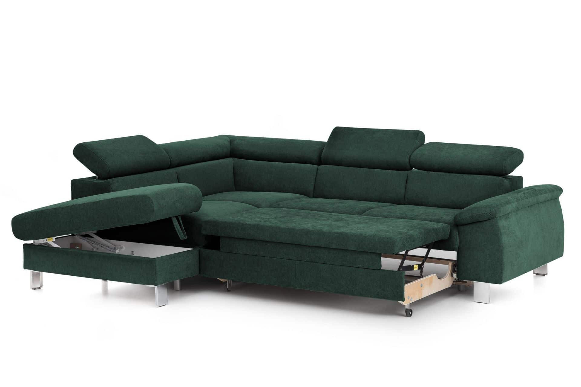 ECKSOFA mit Schlaffunktion und Bettkasten - Chromfarben/Grün, Holz/Textil (249/207cm) - Cotta