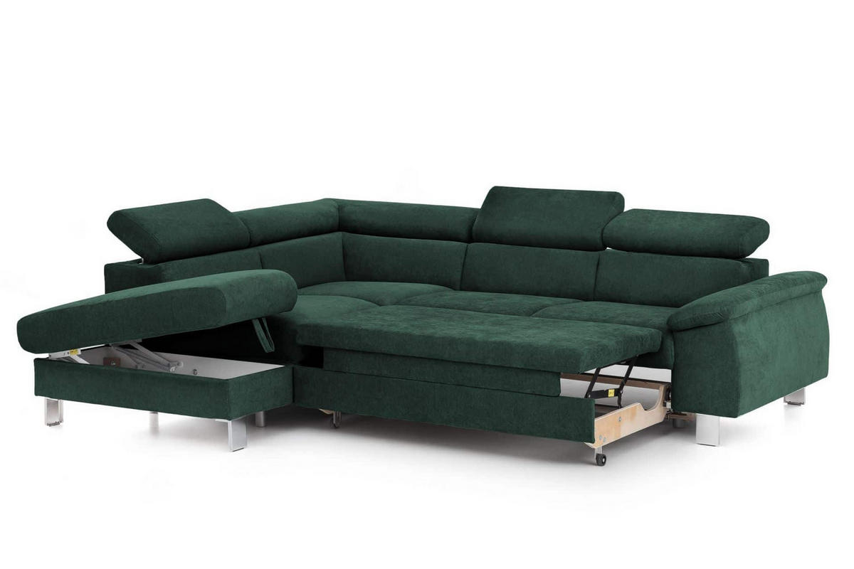 ECKSOFA mit Schlaffunktion und Bettkasten - Chromfarben/Grün, Holz/Textil (249/207cm) - Cotta