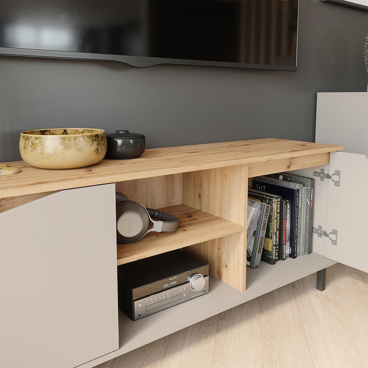 LOWBOARD Marelle Greige/Artisan 150 x 60 cm mit 2 Türen - Greige/Hellgrau, Holzwerkstoff (150/60/38cm) - Vicco