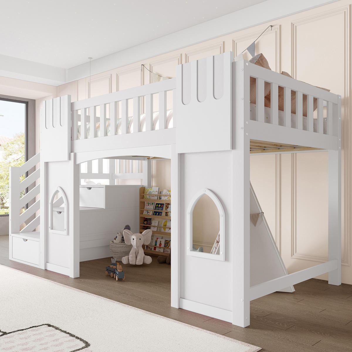 VYSOKÁ posteľ 90/200 cm biela z MDF a borovice s úložnými schodmi a oknami - biela, kompozitné drevo (90/200cm) - OKWISH