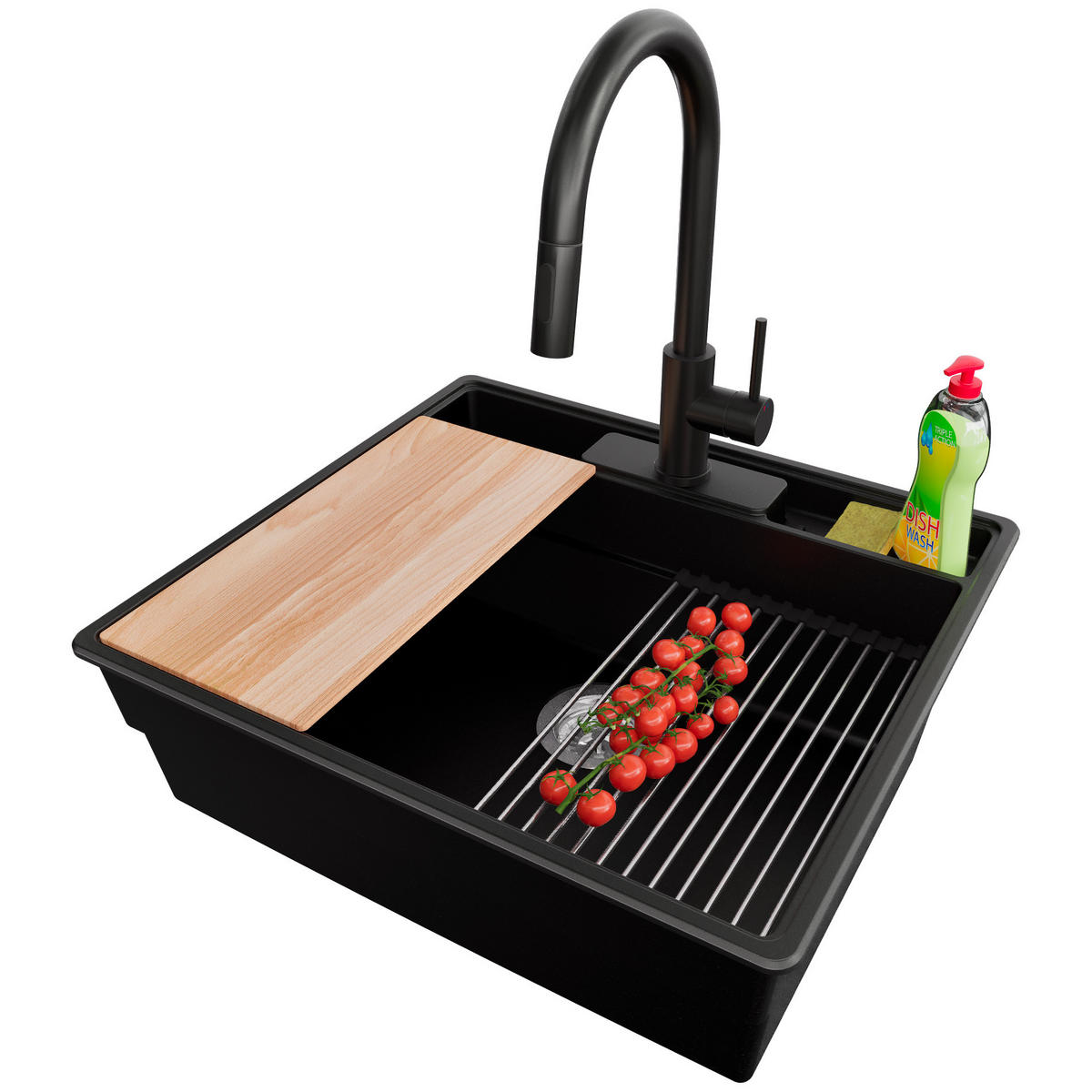 GRANITSPÜLE New York, 2-er set Schwarz 58/53 cm 1 Becken + Küchenarmatur 40/20 cm + Ablauf-Set + Küchenzubehörset ab 60er Unterschrank - Chromfarben/Beige, Kunststoff (58/20/53cm) - Primagran