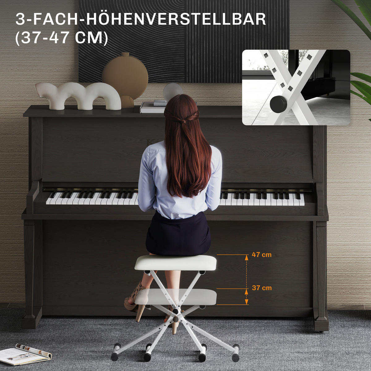 KLAVIERHOCKER DE-07225 höhenverstellbar, klappbar mit X-Form Weiß - Weiß, Metall (29/47/39cm) - ComfortXL