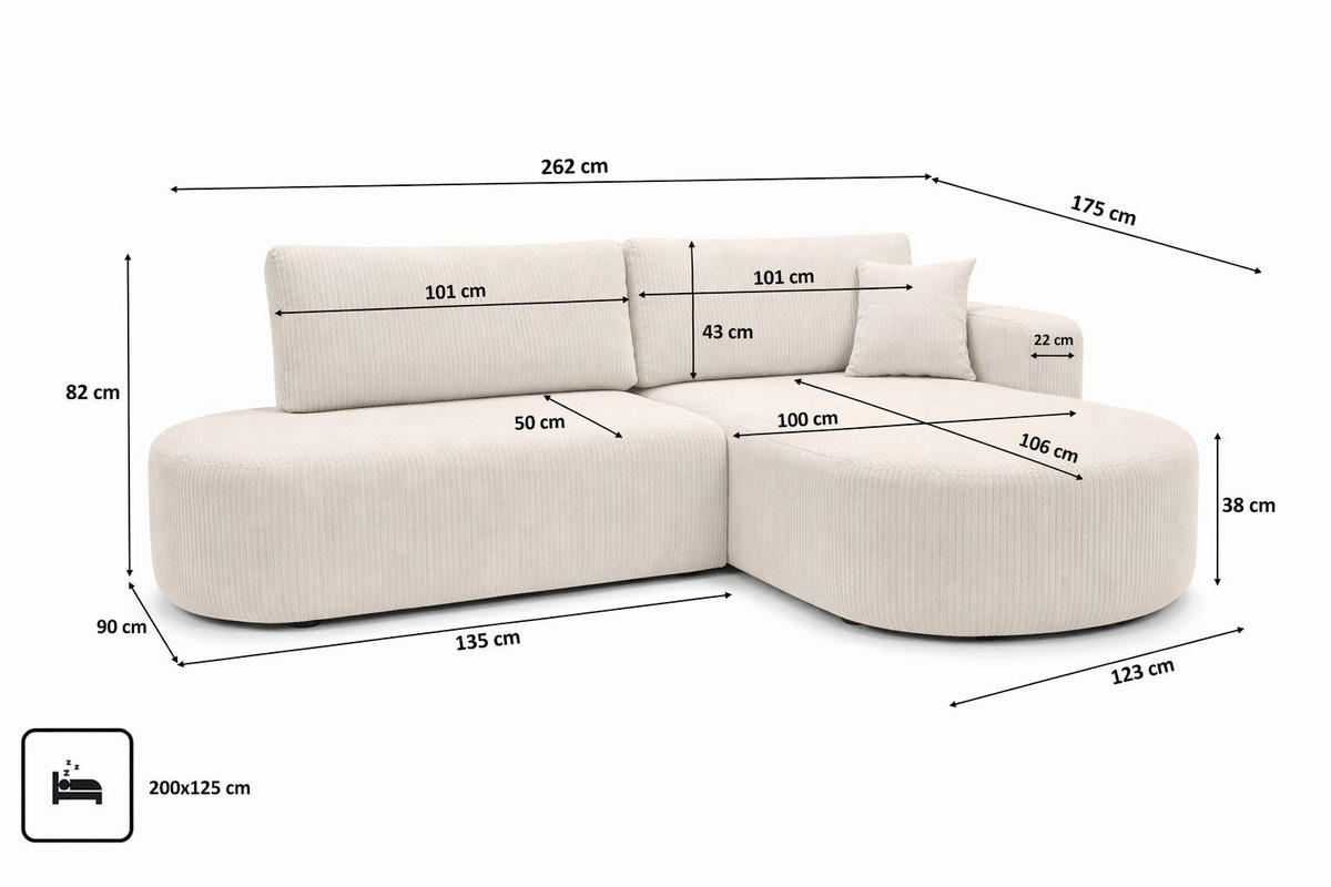 ECKSOFA Mit Schlaffunktion Und Bettkasten, Cordstoff Poso, Beige, Rechts, ROUND ONE OPEN XL - Creme, Holz (262/175cm) - Kaiser Möbel