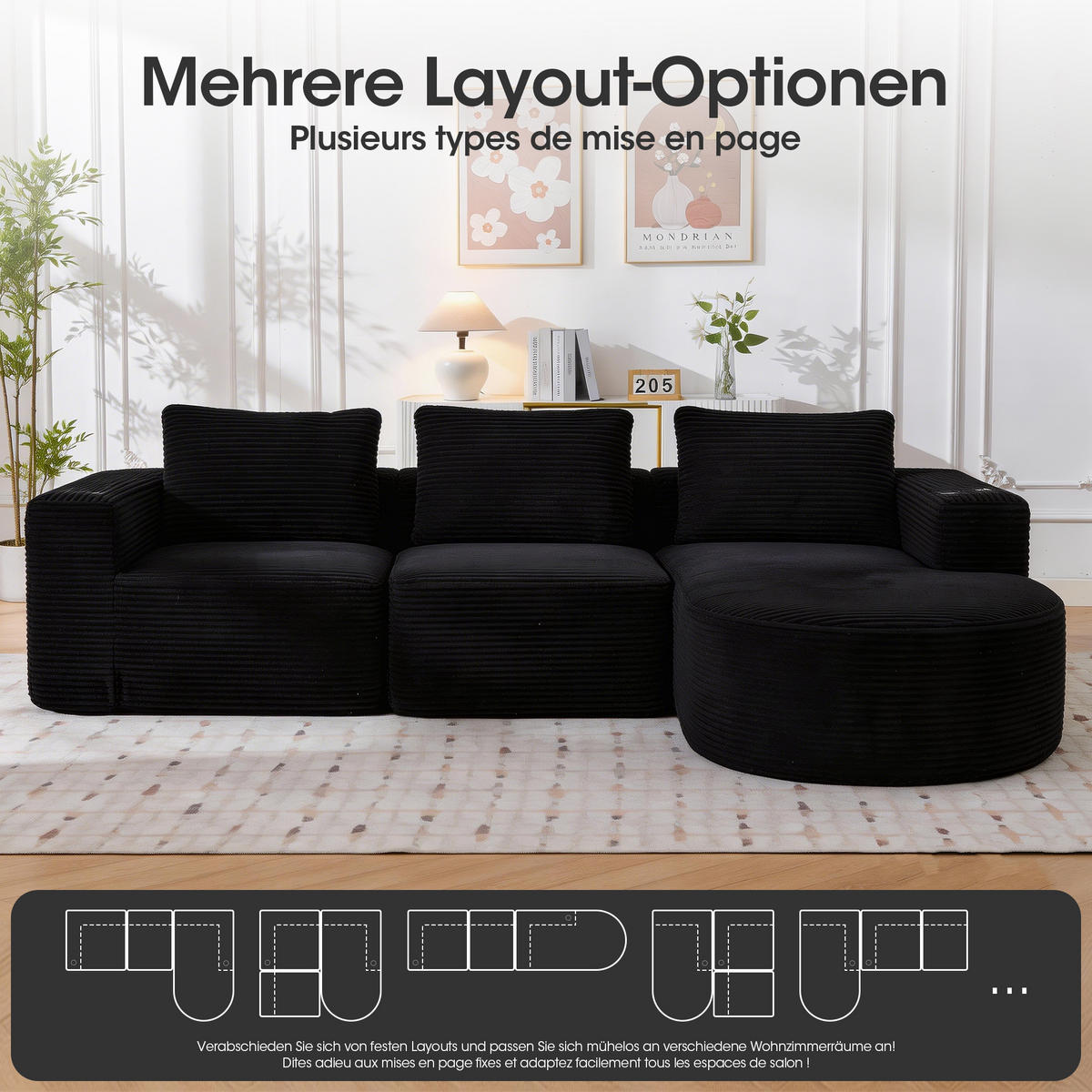 ECKSOFA Cord Schwarz mit 3 Kissen und 2 Becherhaltern - Schwarz, Textil (265/176cm) - WISHDOR