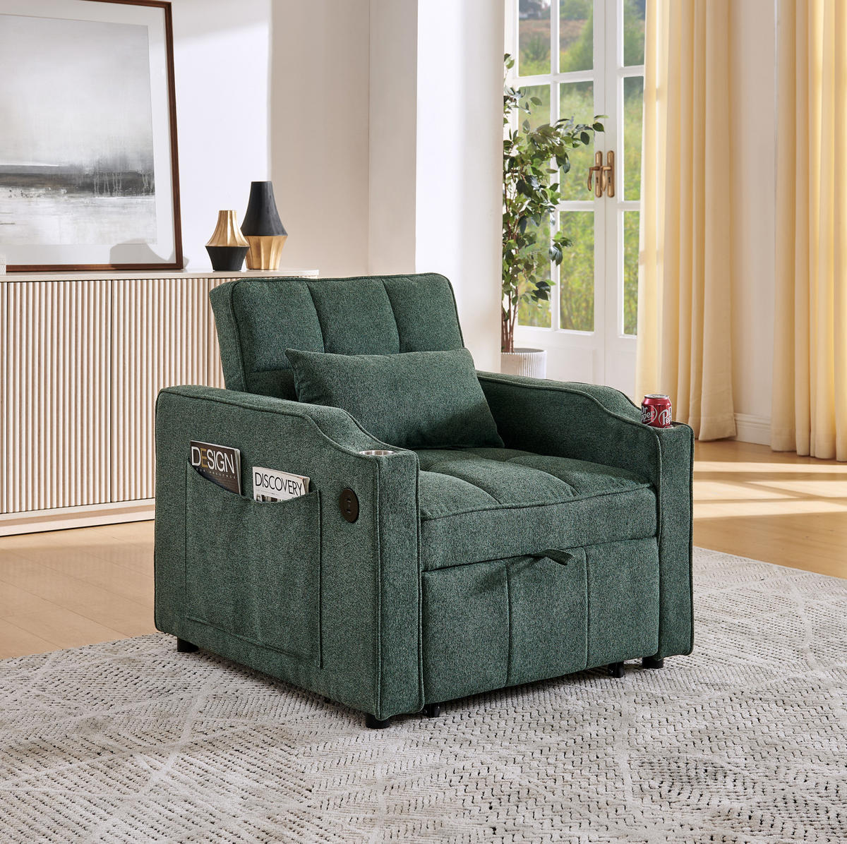 SCHLAFSESSEL 3-in-1 mit Liegefunktion 190 cm Stoff - Grün, Holz (85/86/190cm) - Meubliv