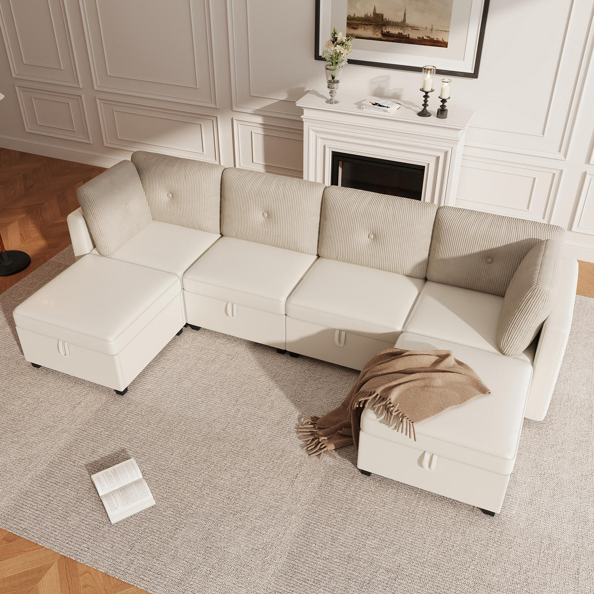 WOHNLANDSCHAFT Samt und Cord Beige mit Stauraum - Beige, Holzwerkstoff/Kunststoff (261/85/132.5cm) - WISHDOR