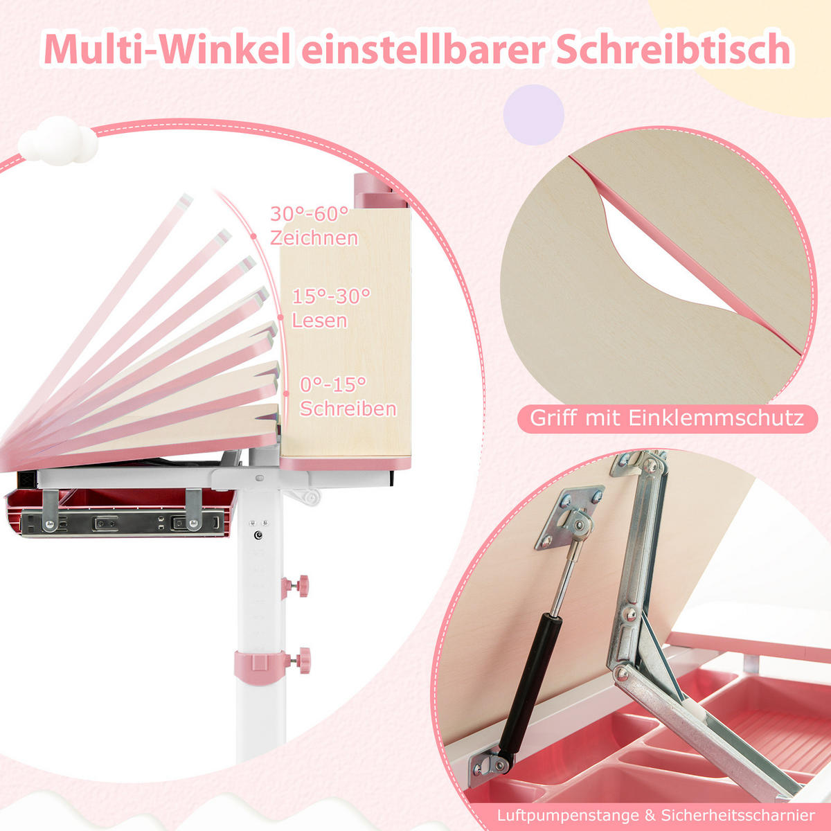 KINDERSCHREIBTISCH Höhenverstellbarer rosa - Pink, Metall (80/88/51cm) - COSTWAY