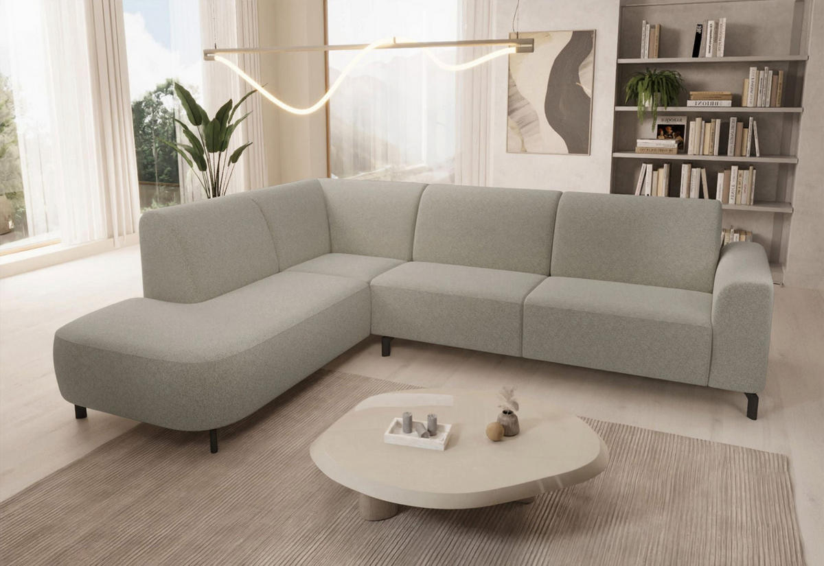 ECKSOFA Lununa Graubeige mit Armlehne, Bouclé, Ottomane links - Graubraun/Schwarz, Textil/Metall (277/218cm) - Selsey