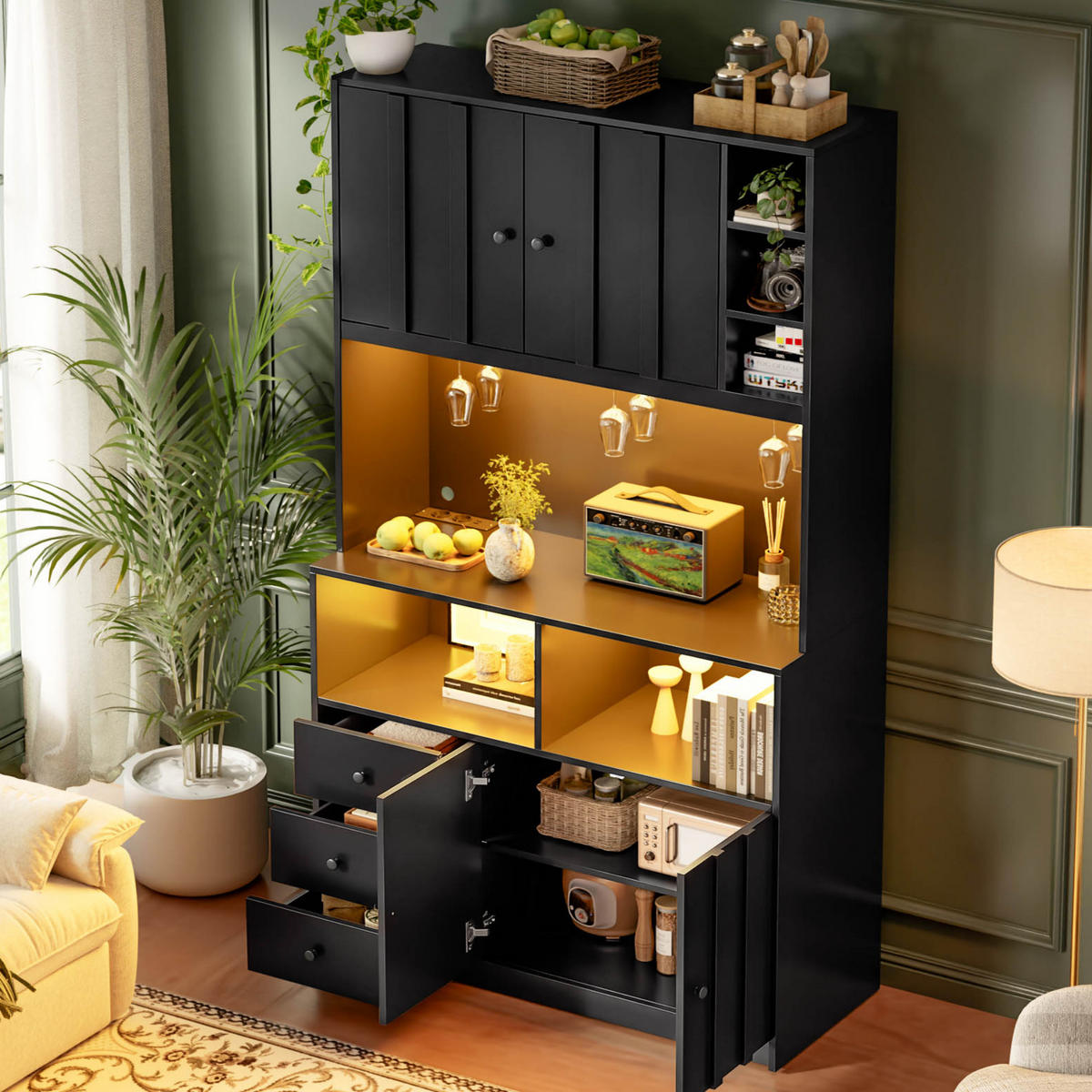 BUFFET 180 cm MDF Schwarz mit RGB-LED, Weinglashalter und Vitrine - Schwarz, Holzwerkstoff (40/180/100cm) - Korfee