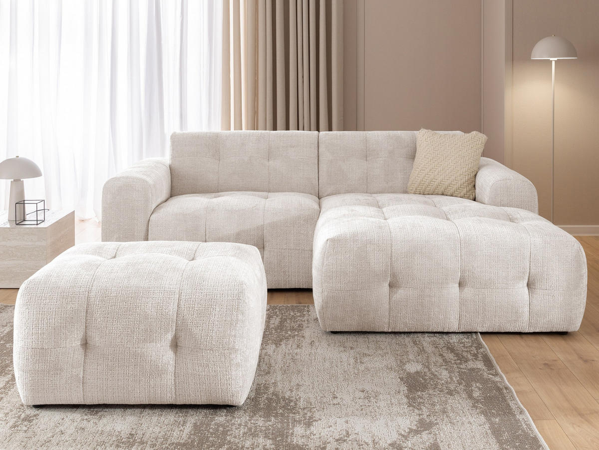ECKSOFA inkl. Hocker Kozy im Bumpy-Design mit Schlaffunktion und fester Rückenlehne aus weichem Beige Chenille-Stoff - Ottomane rechts - Beige/Creme, Holz/Kunststoff (234/161cm) - S-Style Möbel