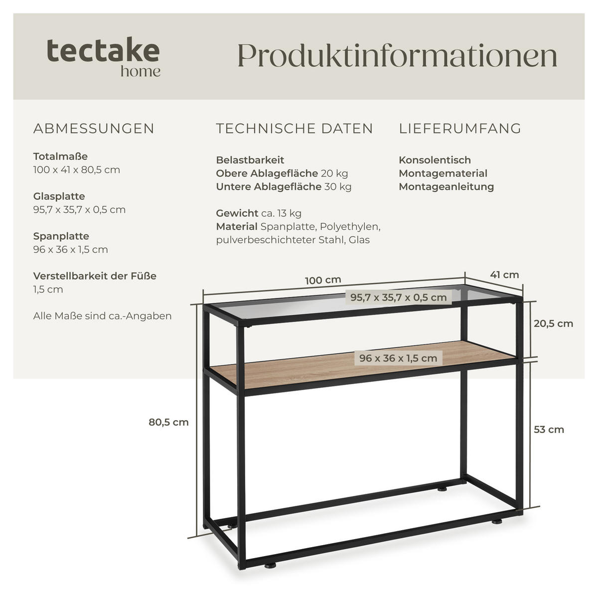 KONSOLENTISCH Kilkenny,100 x 41 x 80,5 cm,Industrial Holz hell, Eiche Sonoma - Naturfarben, Holzwerkstoff (100/41/80.5cm) - tectake