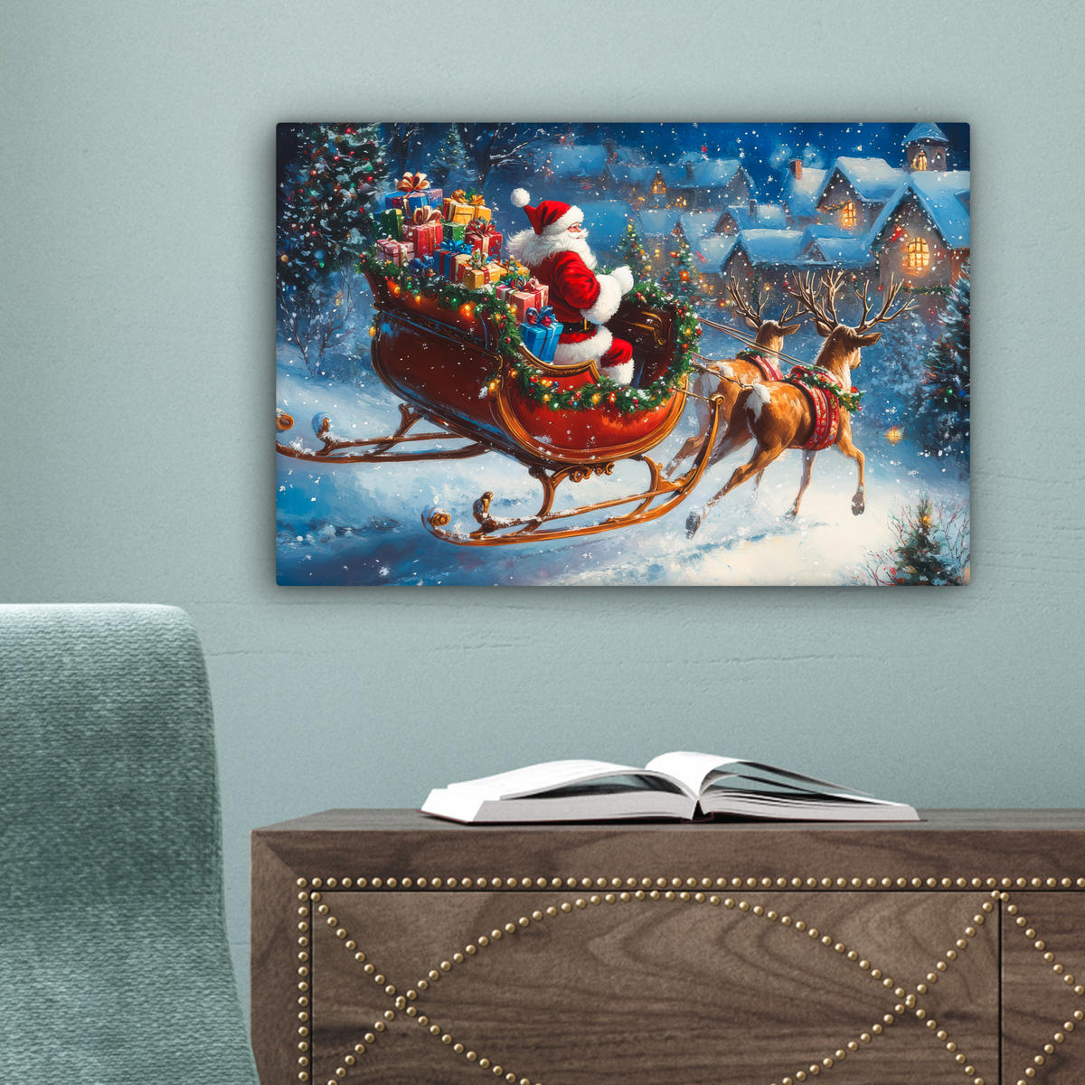 LEINWANDBILD Weihnachtsmann - Rentier - Weihnachten - Schnee 30x20 cm - Cognac, Textil (30/20cm) - MuchoWow