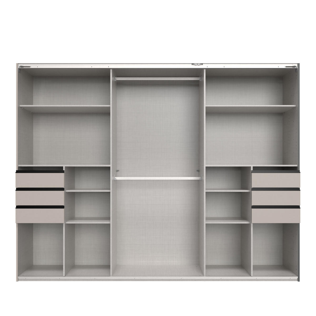 SCHWEBETÜRENSCHRANK 3-türig B270/H208/64 cm, Sandgrau, Mitteltür Glas, Kleiderschrank mit Schubladen & Vollausstattung, / 22614 - Sandfarben/Graubraun, Holzwerkstoff/Metall (270/208/64cm) - luma-home