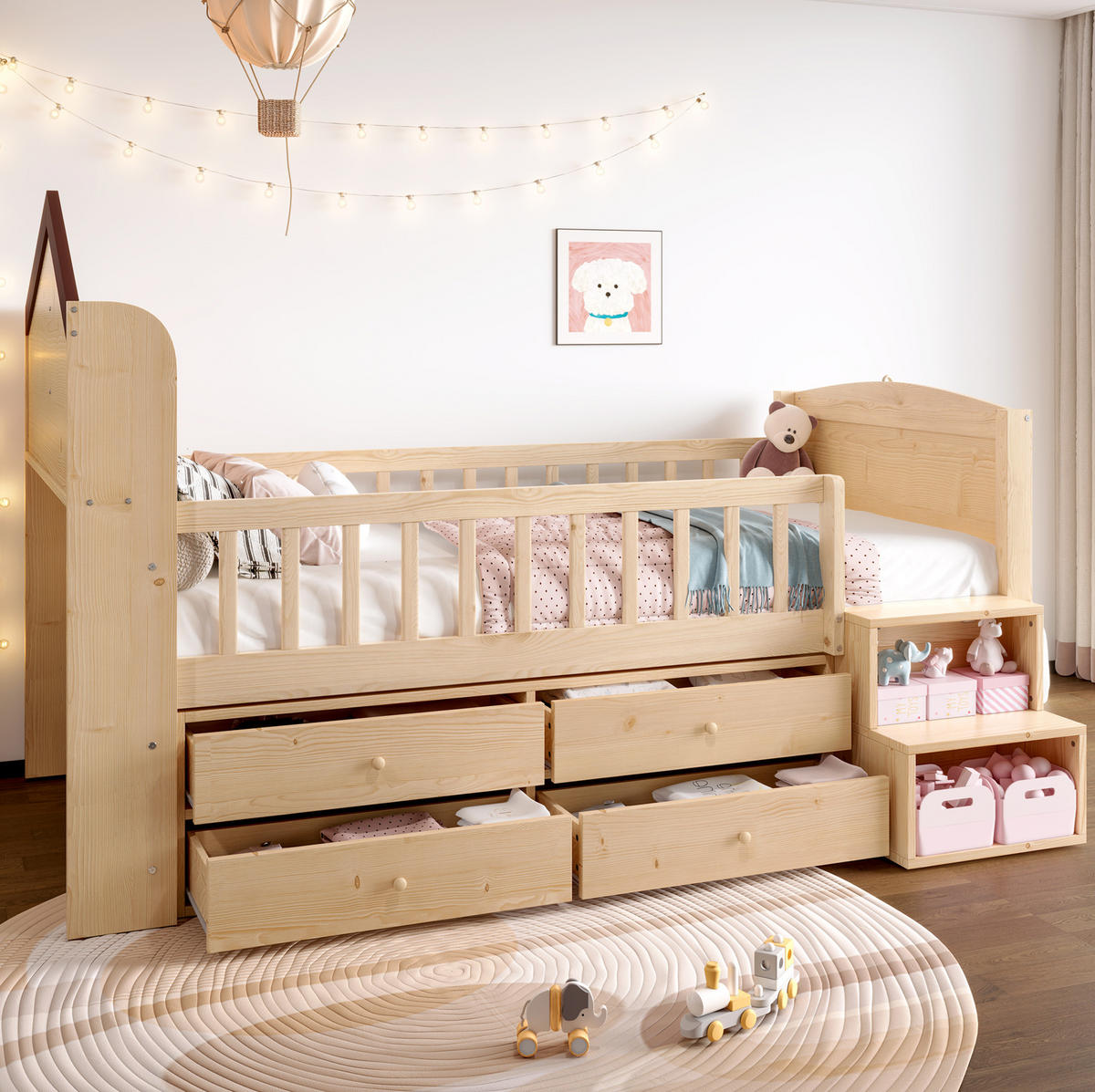 HALBHOHES Kinderbett 90/200 cm aus Kiefernholz mit LED-Beleuchtung, 4 Schubladen und Regalleiter, Weiß/Natur - Naturfarben, Holzwerkstoff (90/200cm) - Redom