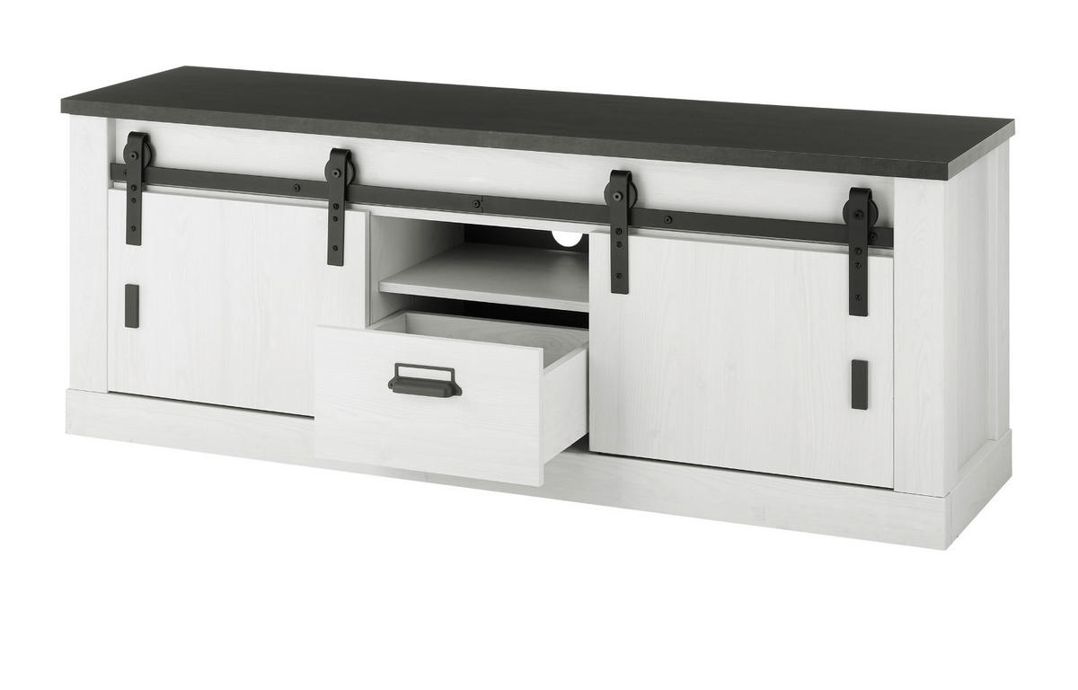 TV-LOWBOARD weiß Pinie, anthrazit, Landhaus, TV Unterteil Komforthöhe 162 x 61 cm - Anthrazit/Weiß, Holzwerkstoff/Metall (162/61/43cm) - Furn.Design