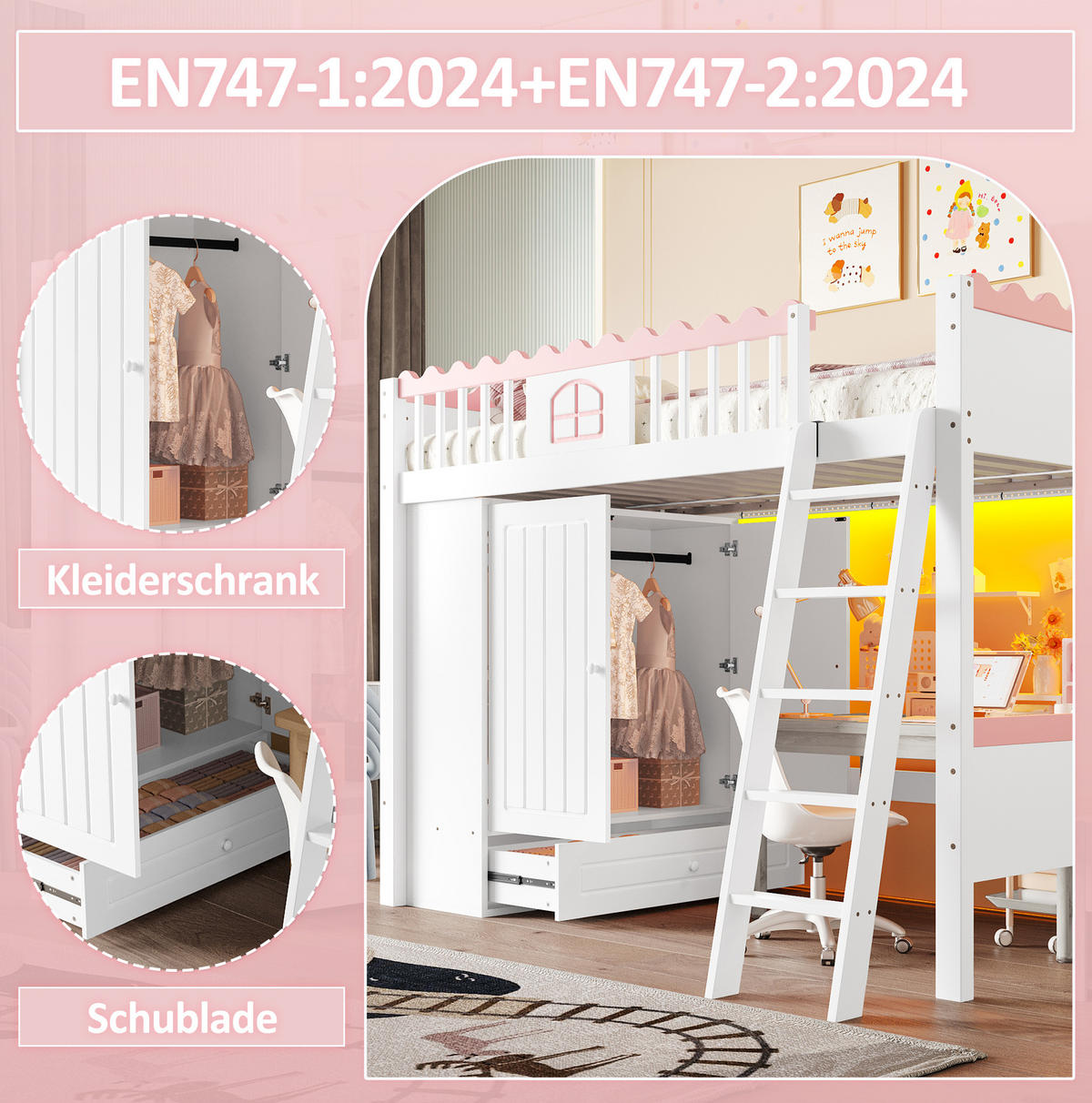 HOCHBETT aus Kiefer und MDF 90x200 cm Weiß mit LED, Kleiderschrank und Schublade, EN747-zertifiziert - Weiß, Holzwerkstoff (90/200cm) - Modfu