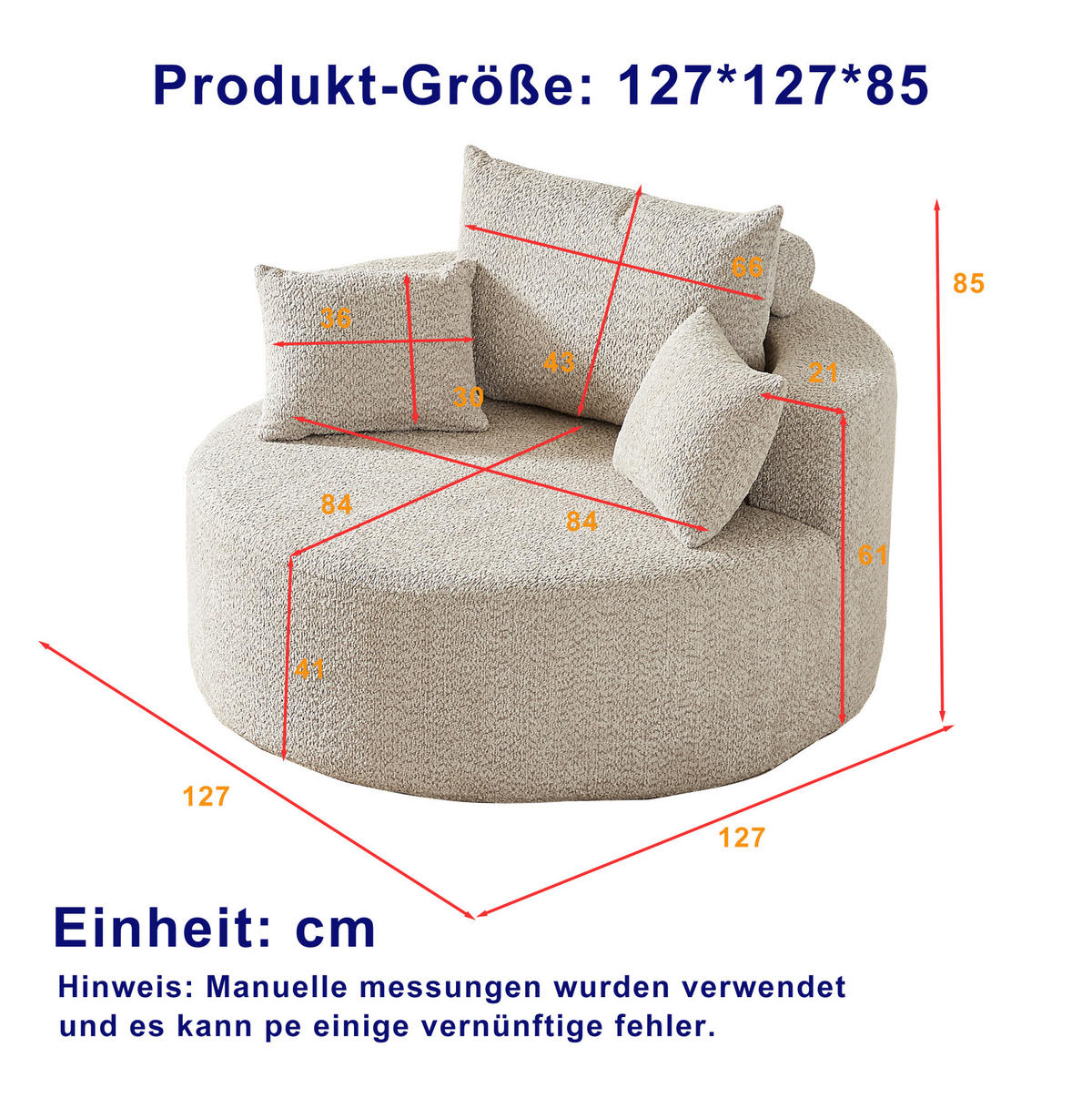 SESSEL aus Chenille Khaki ohne Montage mit Rückenlehnenkissen und zylindrischem Zusatzkissen - Sandfarben, Textil (127/85/127cm) - Modfu