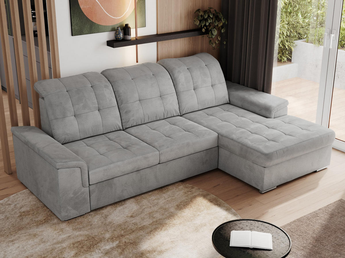 ECKSOFA MADRITO L - Hellgrau Velorus - Rechts - Silberfarben/Hellgrau, Textil/Metall (256/160cm)