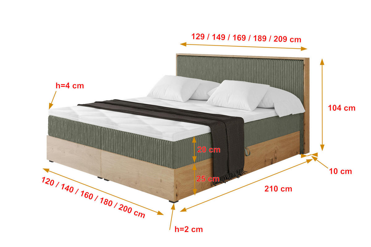 BOXBETT LOLLI9 - 120x200 - H3 Olivgrün - Olivgrün, Holzwerkstoff (120/200cm) - ALTDECOR
