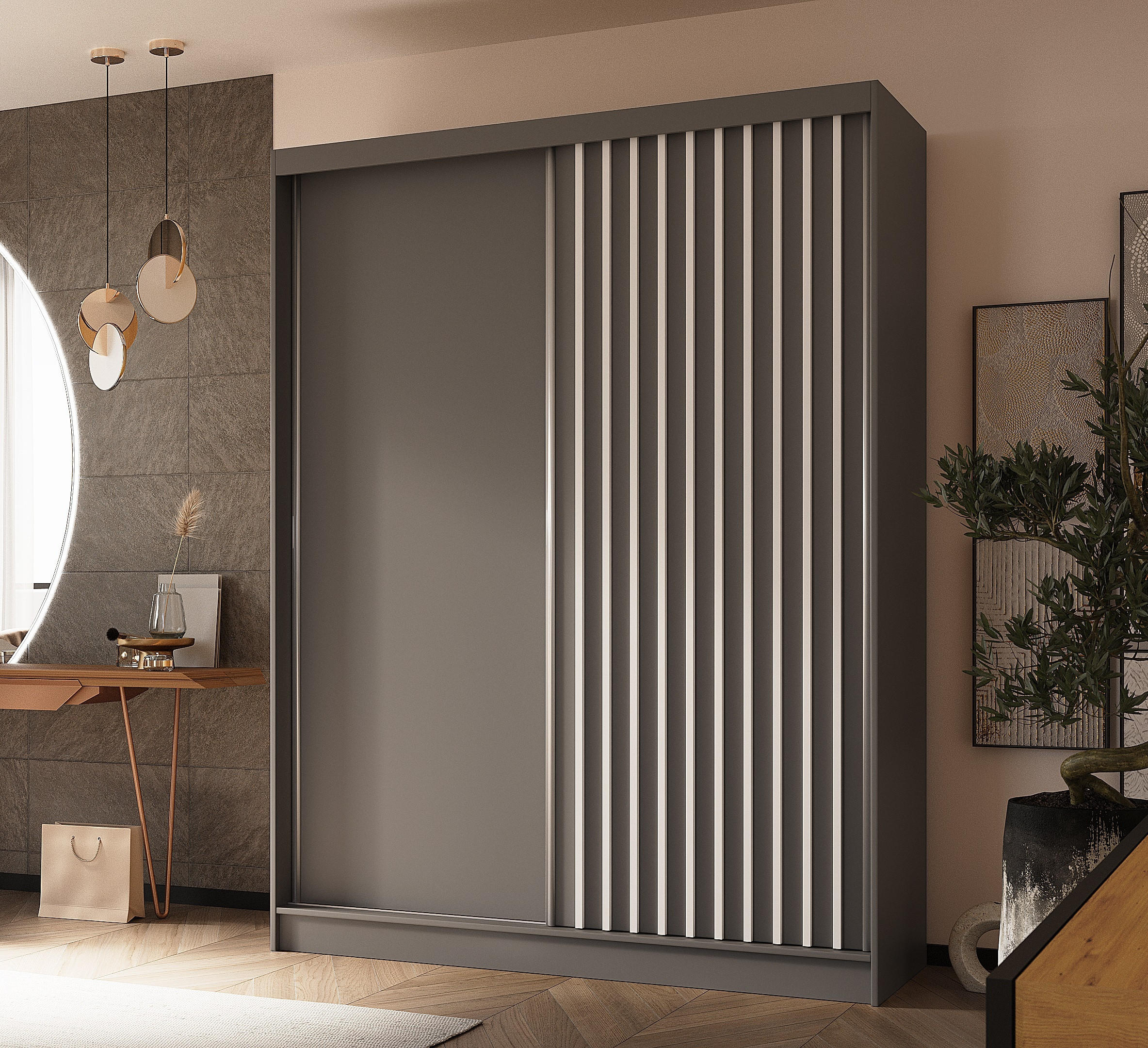 SCHWEBETÜRENSCHRANK Cabinio Grau Weiß 160/216/61 cm – Modern, mit Lamellen - Weiß/Grau, Holzwerkstoff/Kunststoff (160/216.1/61cm) - AX Living