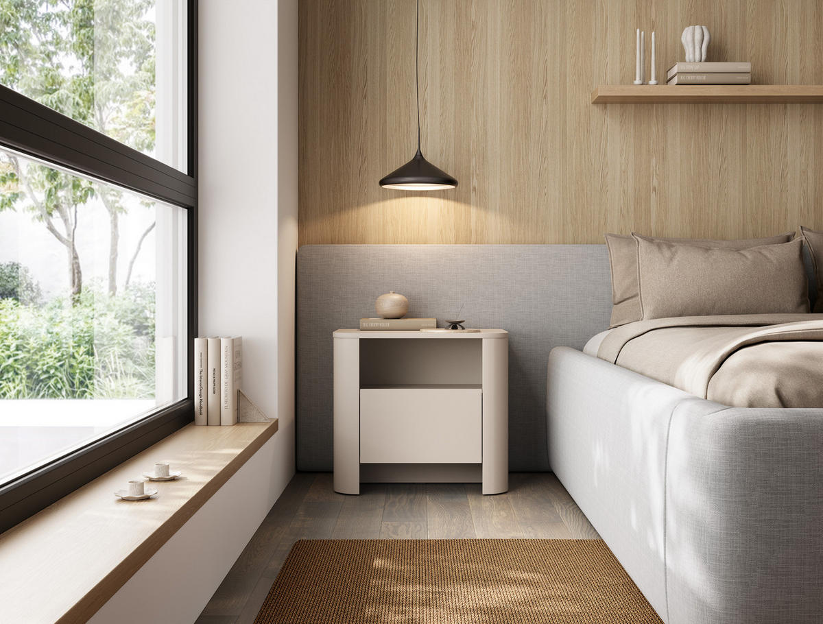 NACHTTISCH AMOS STO1-1S Abgerundeter Korpus, Kaschmir - Kaschmir, Holzwerkstoff/Kunststoff (58/52/39cm) - Komodee