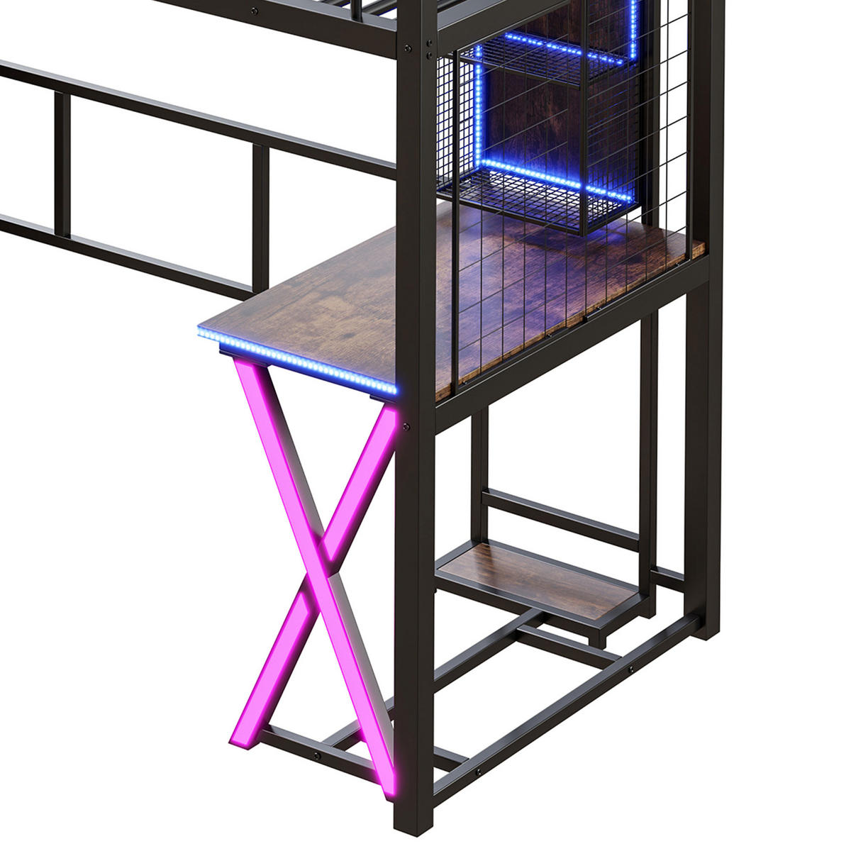 HOCHBETT 90/200 cm DE-04920, mit LED, Schreibtisch und Ablageleiter in Schwarz - Schwarz, Metall (90/200cm) - ComfortXL