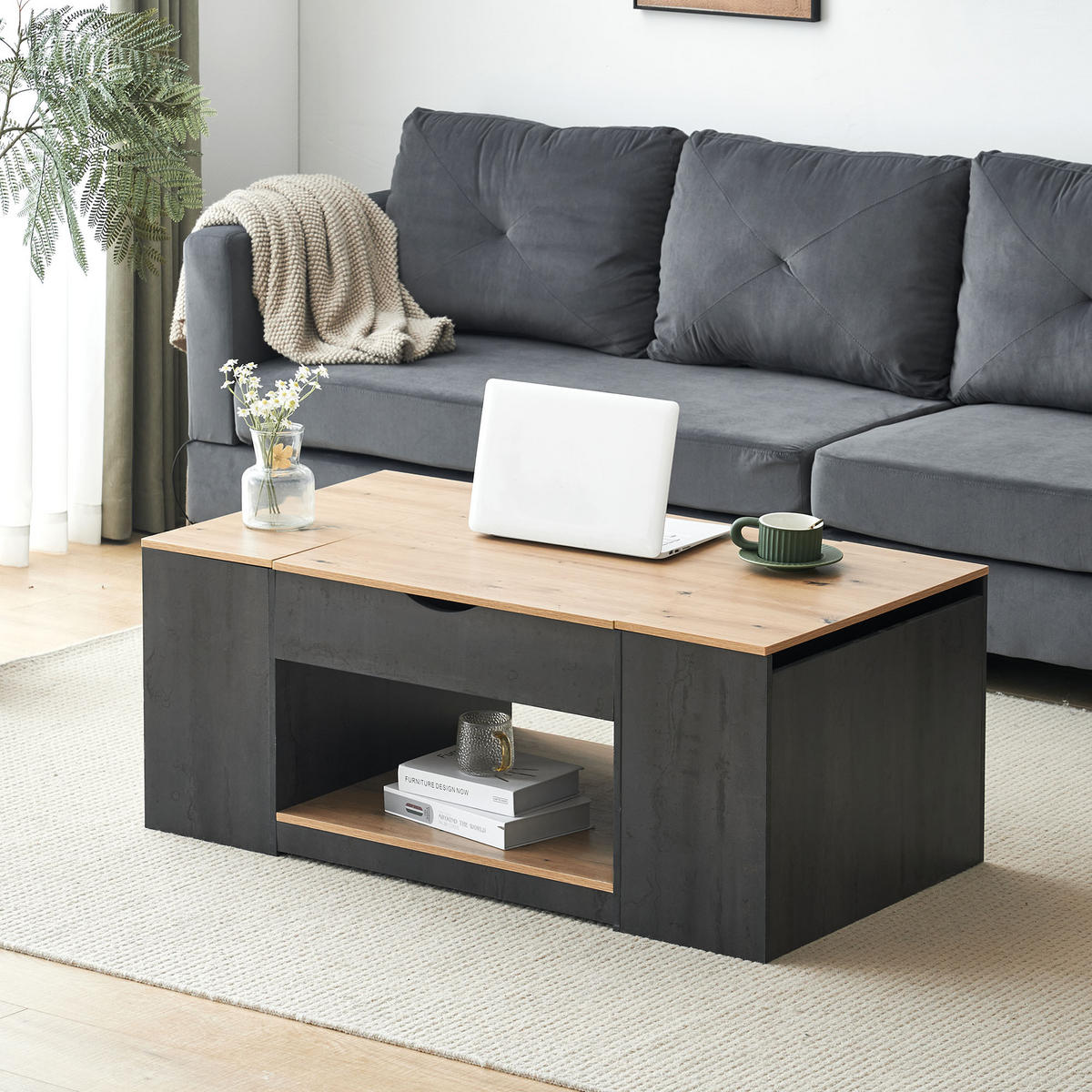 COUCHTISCH 109 cm grau höhenverstellbar mit Stauraum - Grau, Holzwerkstoff (40/110.5/109.5cm) - OKWISH