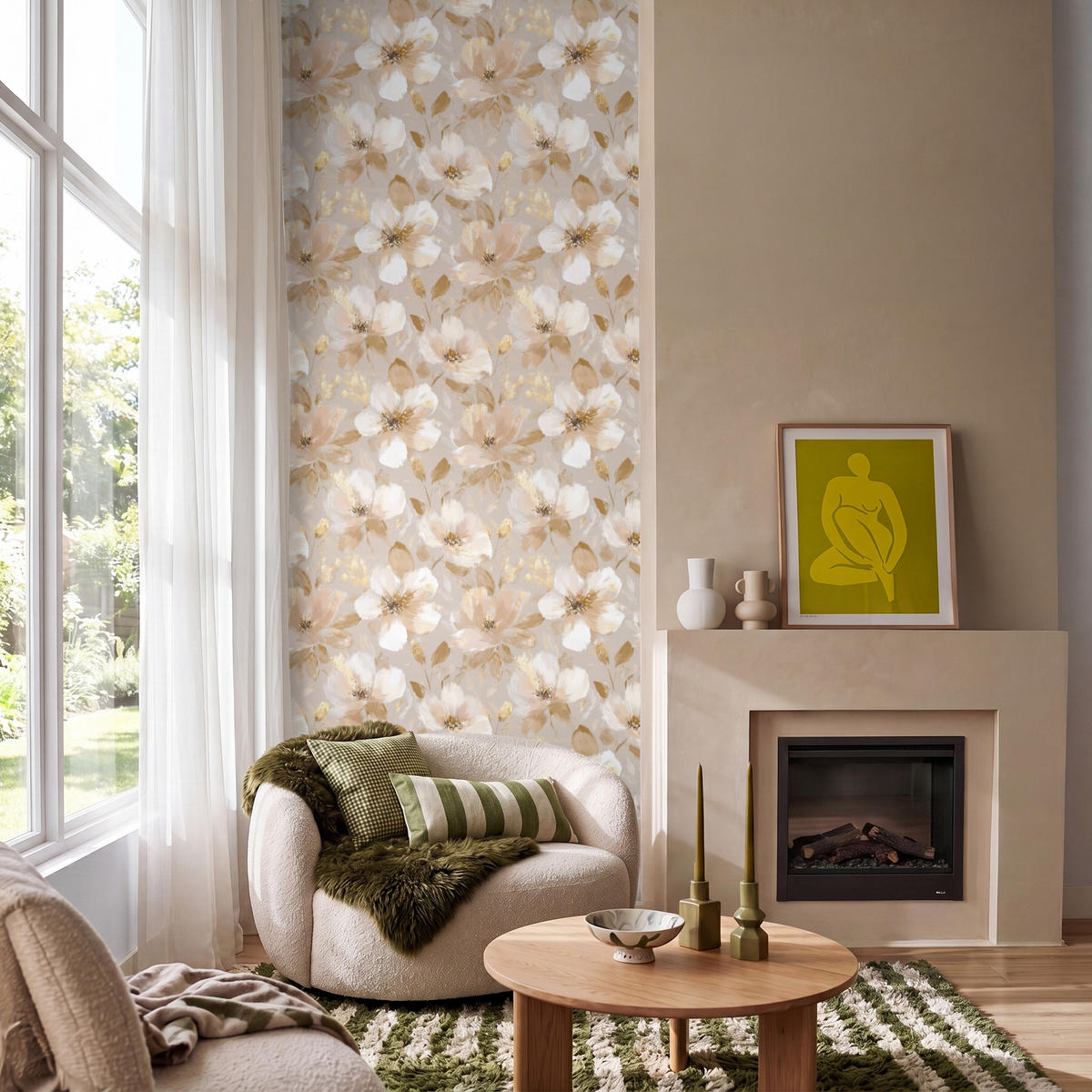 TAPETE - Blumen - künstlerisch - Gold - 120x280 cm - Beige, Papier (120/280cm) - OnlyWow