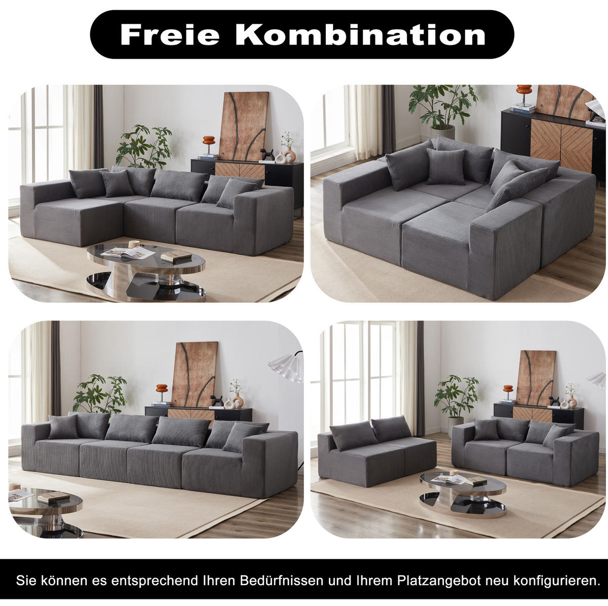 ECKSOFA 264/167/71 cm grau aus Cord und Schaumstoff ohne Montage - Grau, Textil (167/264cm) - OKWISH