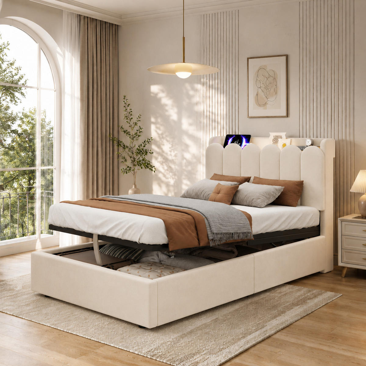 POLSTERBETT 90/200 cm in Beige mit Bettkasten, USB, Type-C und Leselampe aus Samt im Kopfteil - Beige, Holzwerkstoff/Textil (90/200cm) - STILVORA