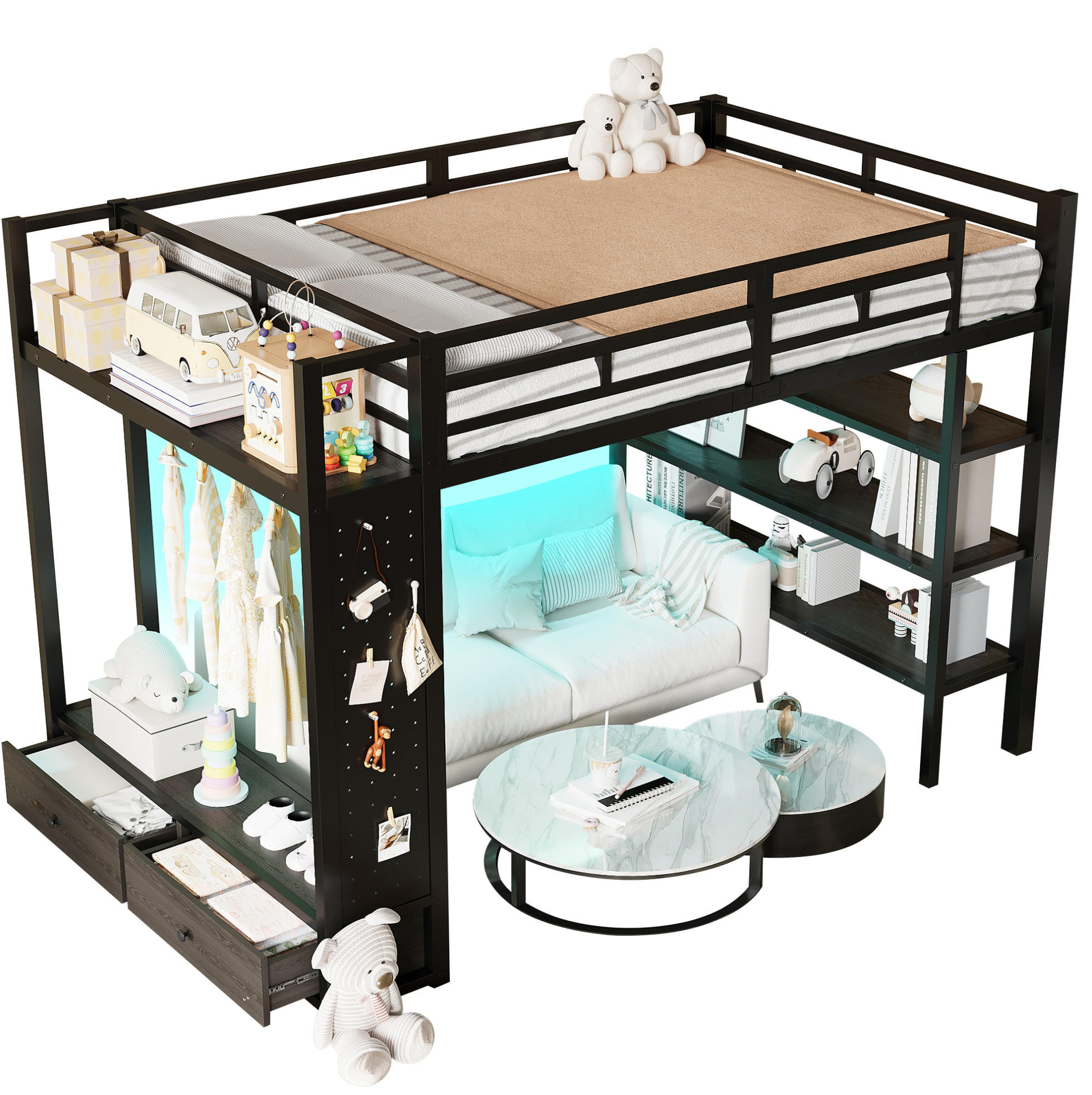 HOCHBETT MDF & Metall 140x200 cm Schwarz mit Kleiderschrank, Regalen, Lochwand und LED-Beleuchtung - Schwarz, Holzwerkstoff (140/200cm) - Modfu