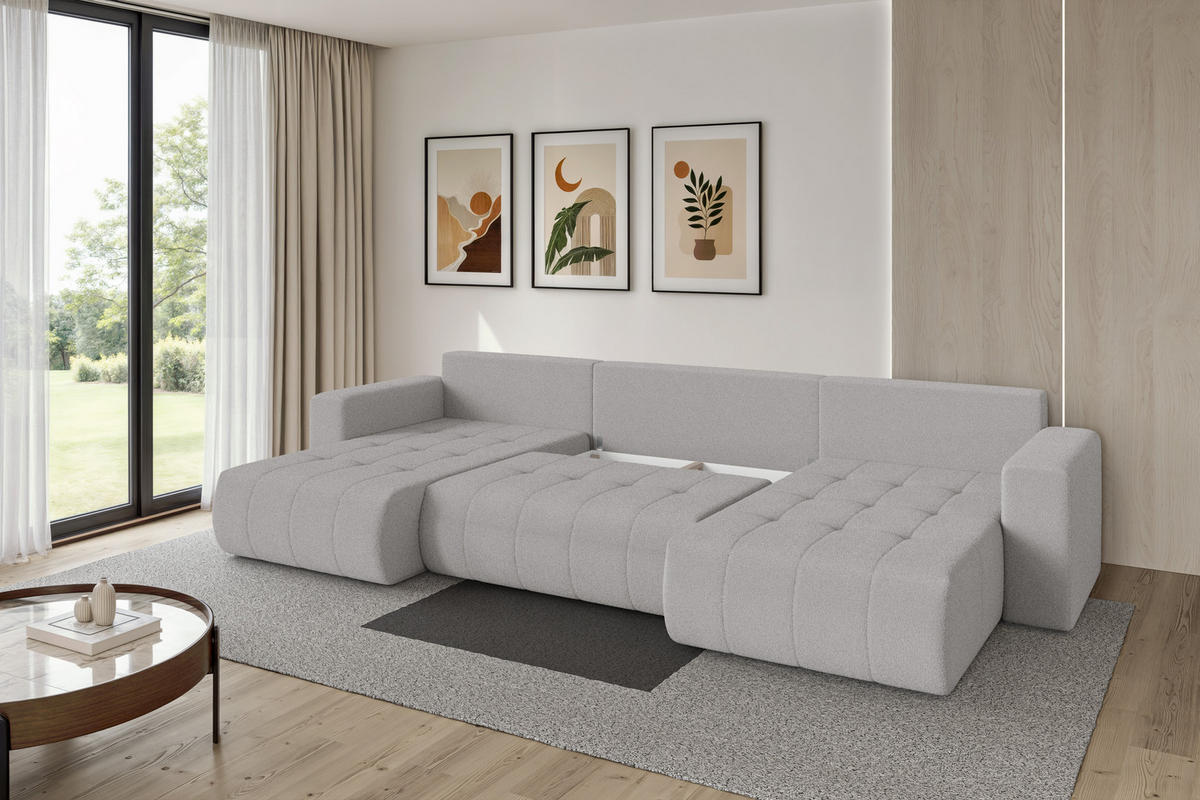 SEDACÍ SOUPRAVA DO U s funkcí spaní a úložným prostorem MILA-U 378x194x86 světle šedá bouclé - černá/stříbrná, kompozitní dřevo/textil (378/86/194cm) - ALTDECOR