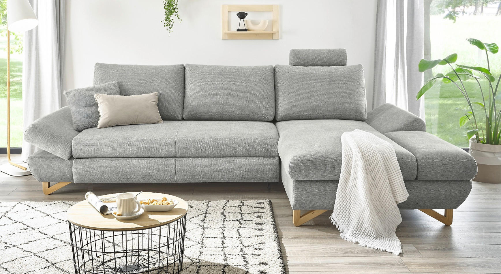 ECKSOFA hellgrau Struktur-Stoff, Wohnzimmer Sofa - Hellgrau, Holz/Textil (284/166cm) - Furn.Design