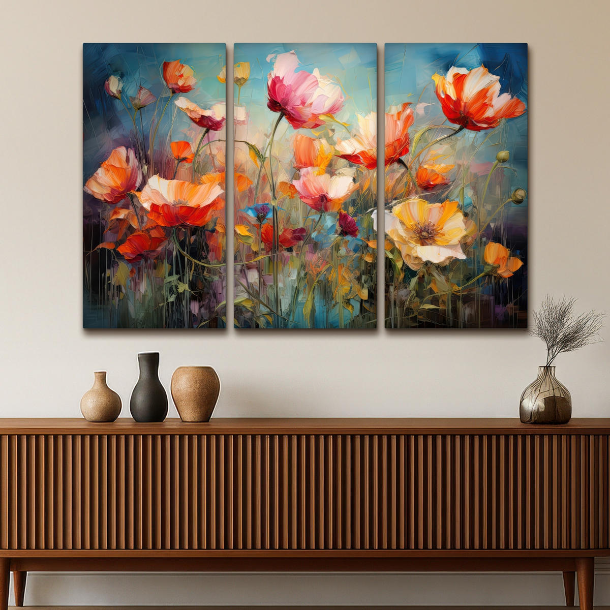 LEINWANDBILD 3er Set Blumen - Bunt - Abstrakt 150x100 cm - Blaugrau, Textil (150/100cm) - MuchoWow