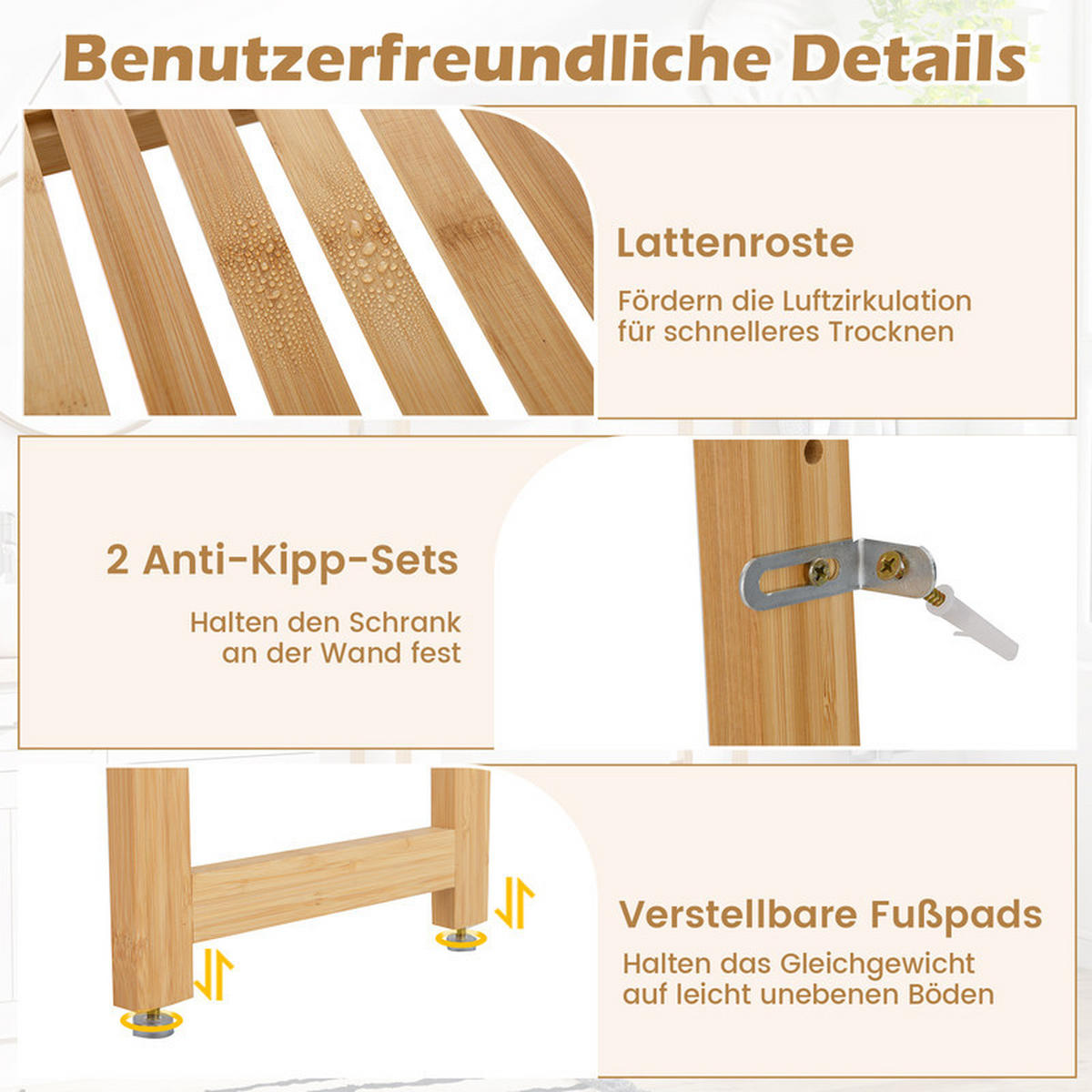 TOILETTENREGAL aus Bambus natürlich - Naturfarben, Naturmaterialen (71.5/166/25cm) - COSTWAY
