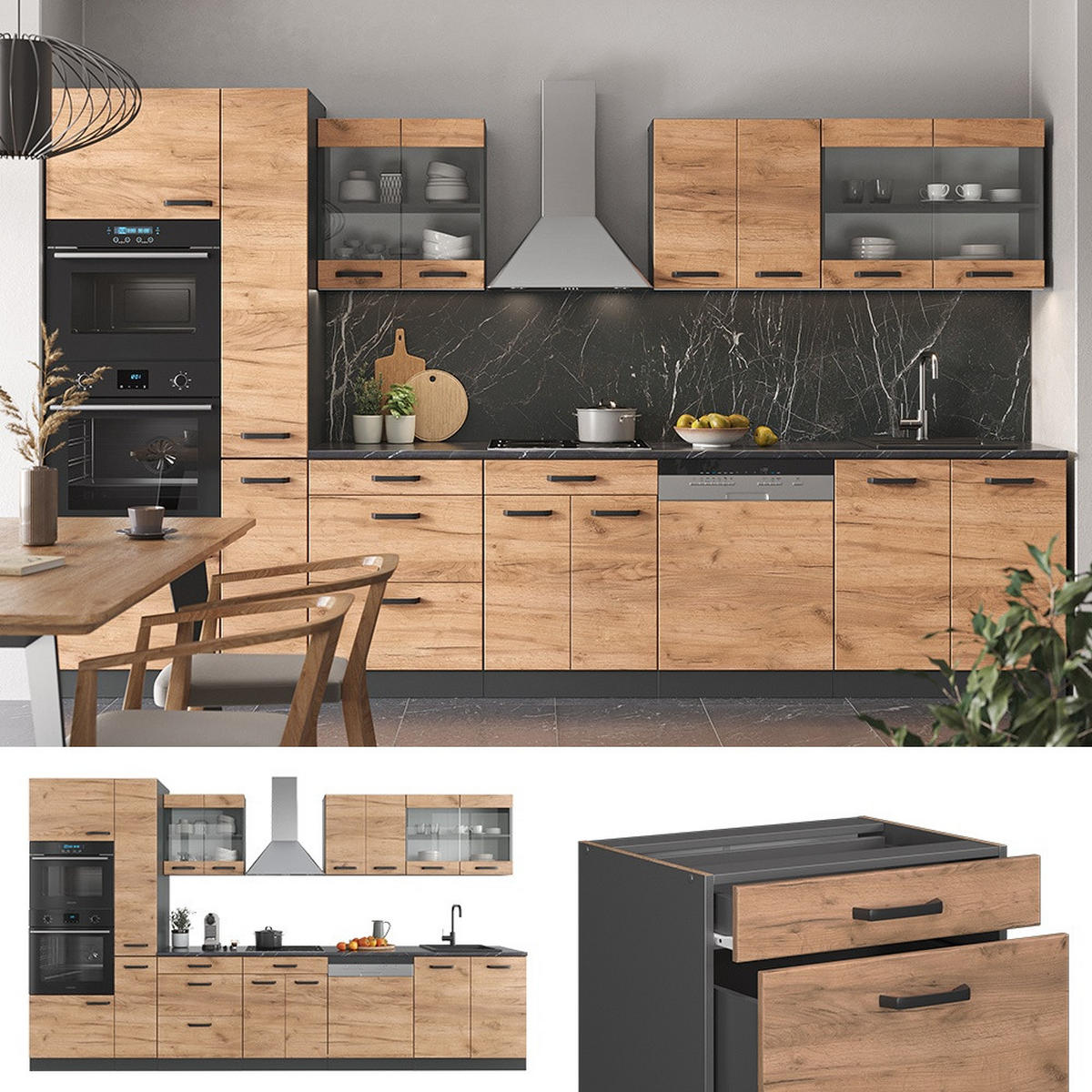 KÜCHENZEILE R-Line Goldkraft Eiche/Anthrazit 350 cm mit Hochschrank, ohne Arbeitsplatte - Honigeiche/Anthrazit, Holzwerkstoff (350/81.6/46cm) - Vicco
