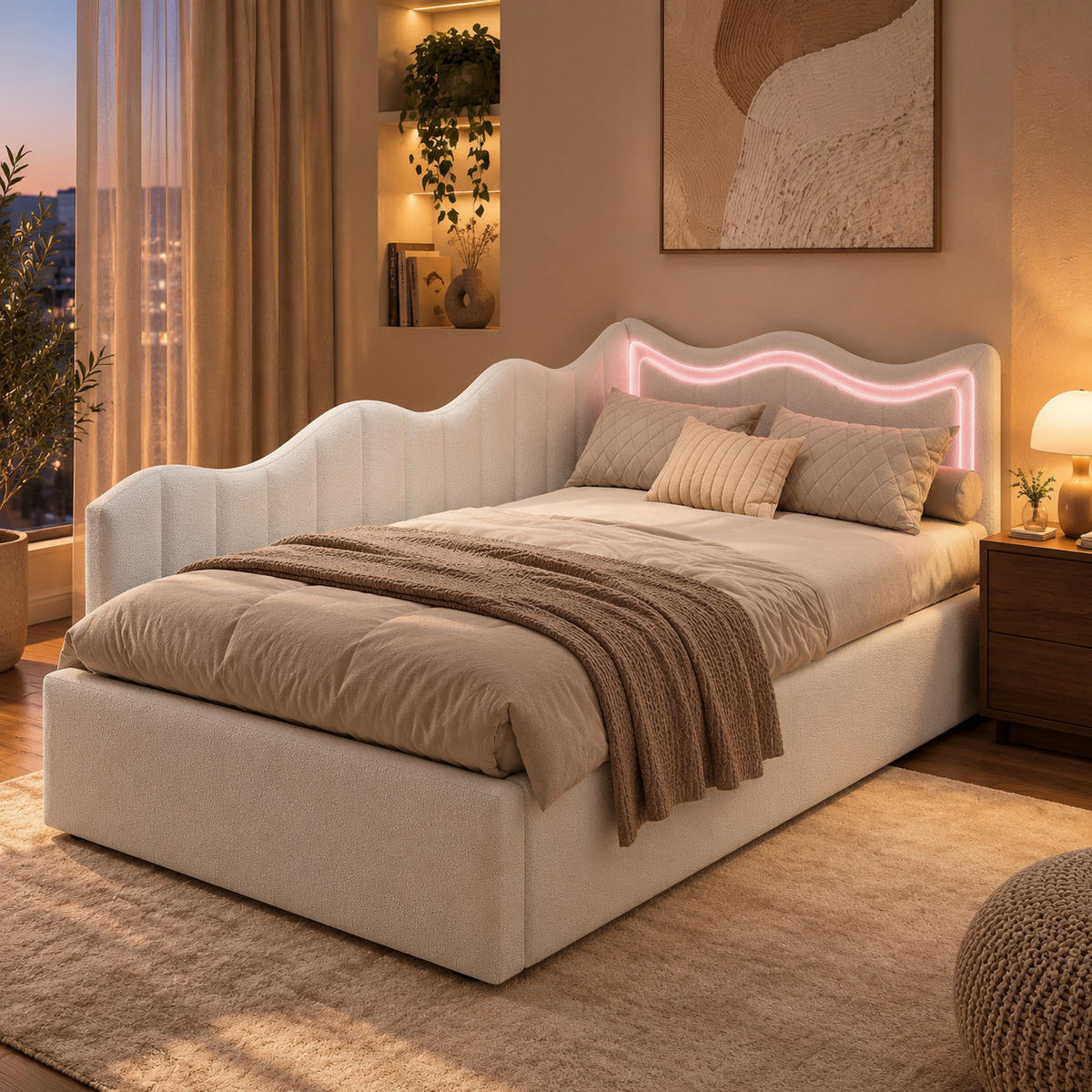 SCHLAFSOFA Teddy-Fleece mit LED-Beleuchtung und Aufbewahrungsraum - Weiß, Metall (97/75/213cm) - Joyfair