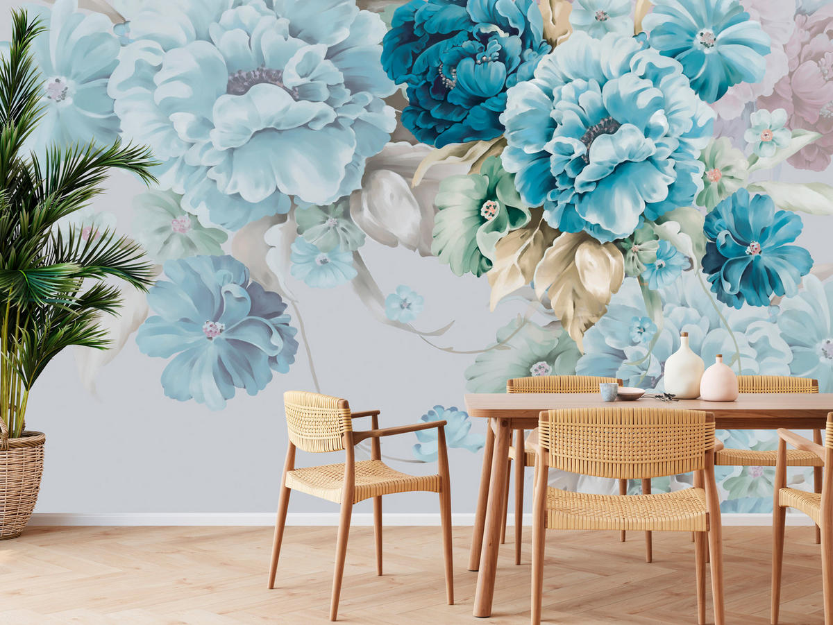 FOTOTAPETE für Schlafzimmer Blaue Pfingstrosen Zart Blumen Boho 450x315 - Blau/Gelb, Papier (450/315cm) - Muralo