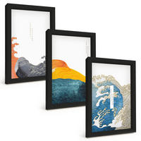 BILDER SET 3er Set - 20x30 cm Schwarzer Rahmen - Wellen des japanischen Grafikstils - Schwarz, Kunststoff (20/30cm) - TULUP
