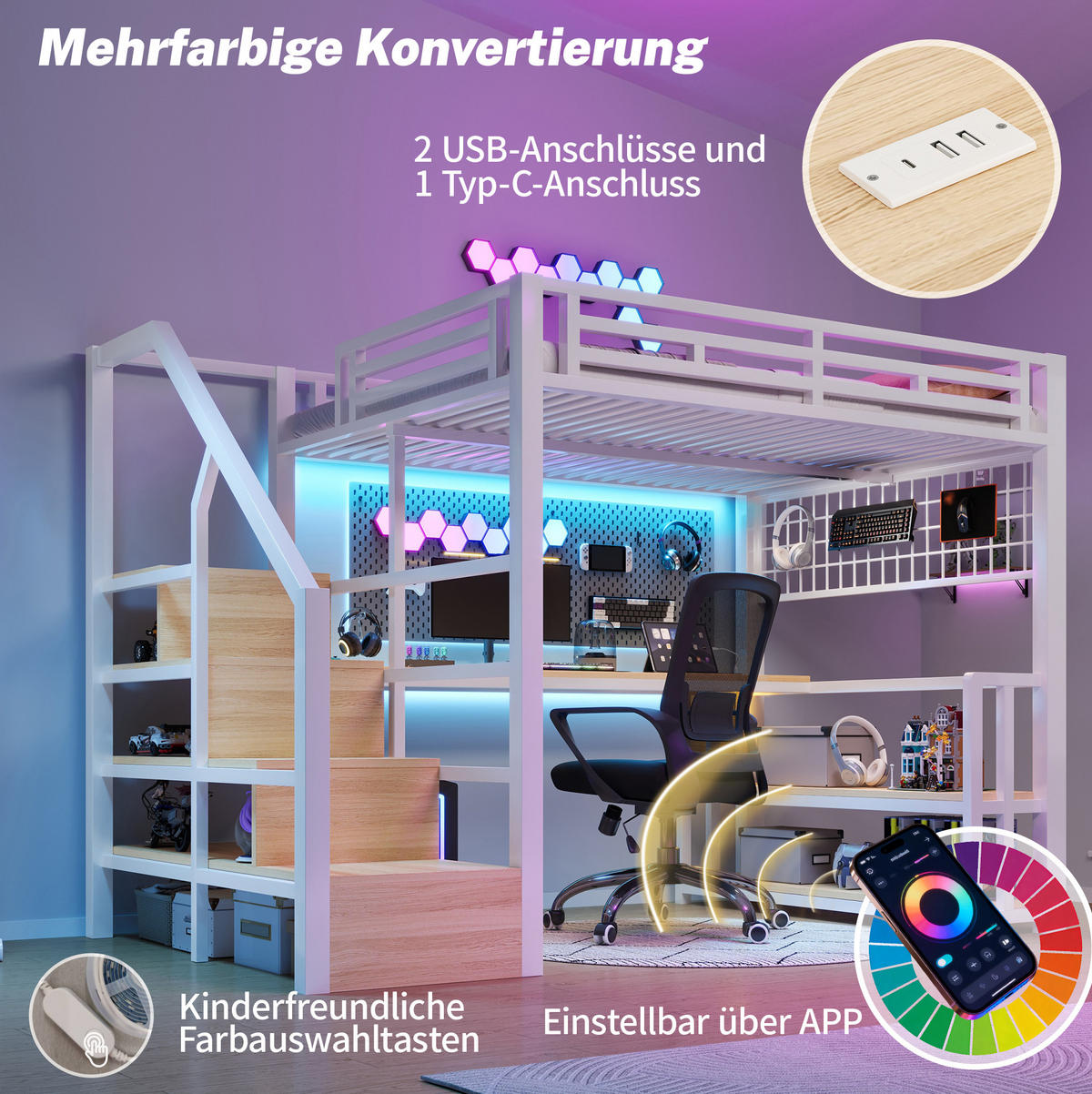 HOCHBETT 140/200 cm weiß aus Metall und MDF mit Schreibtisch - Weiß, Metall (140/200cm) - OKWISH