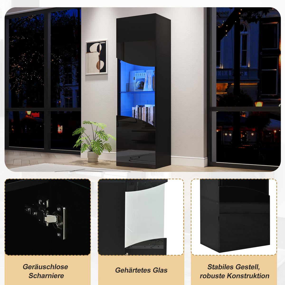 VITRINE LED Hochglanz Vitrinenschrank Wellenoptik 165cm Schwarz - Schwarz, Holzwerkstoff (35/165/50cm) - FLIEKS