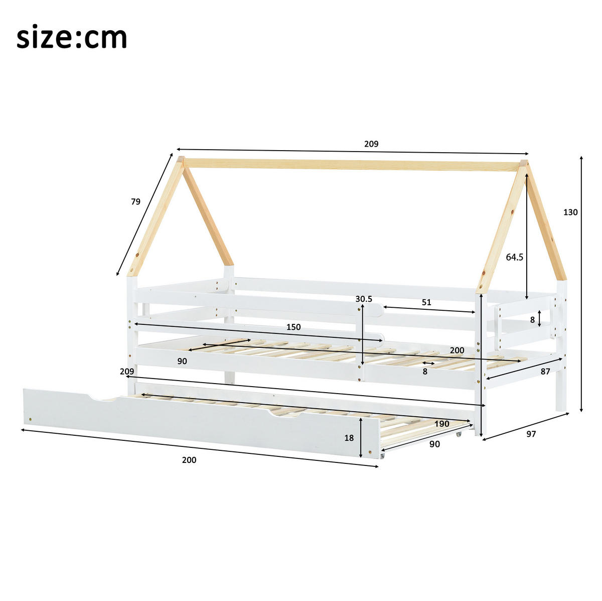 HAUSBETT 90/200 cm mit Ausziehbett, Rundum-Sicherheitsgeländer und Massivholzgestell, Weiß/Natur - Weiß, Holz (90/200cm) - Redom