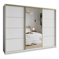 SCHWEBETÜRENSCHRANK VARO 250/205/60 cm 3-türig mit Spiegel und Schubladen Weiß - Goldfarben/Weiß, Holzwerkstoff (250/205/60cm) - MASSENO