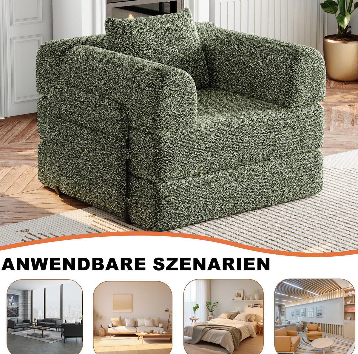 SCHLAFSOFA in Grün – 2-in-1 mit Armlehnenfach und Chenillebezug - Grün, Textil (94/49.5/181.6cm) - BEAOK