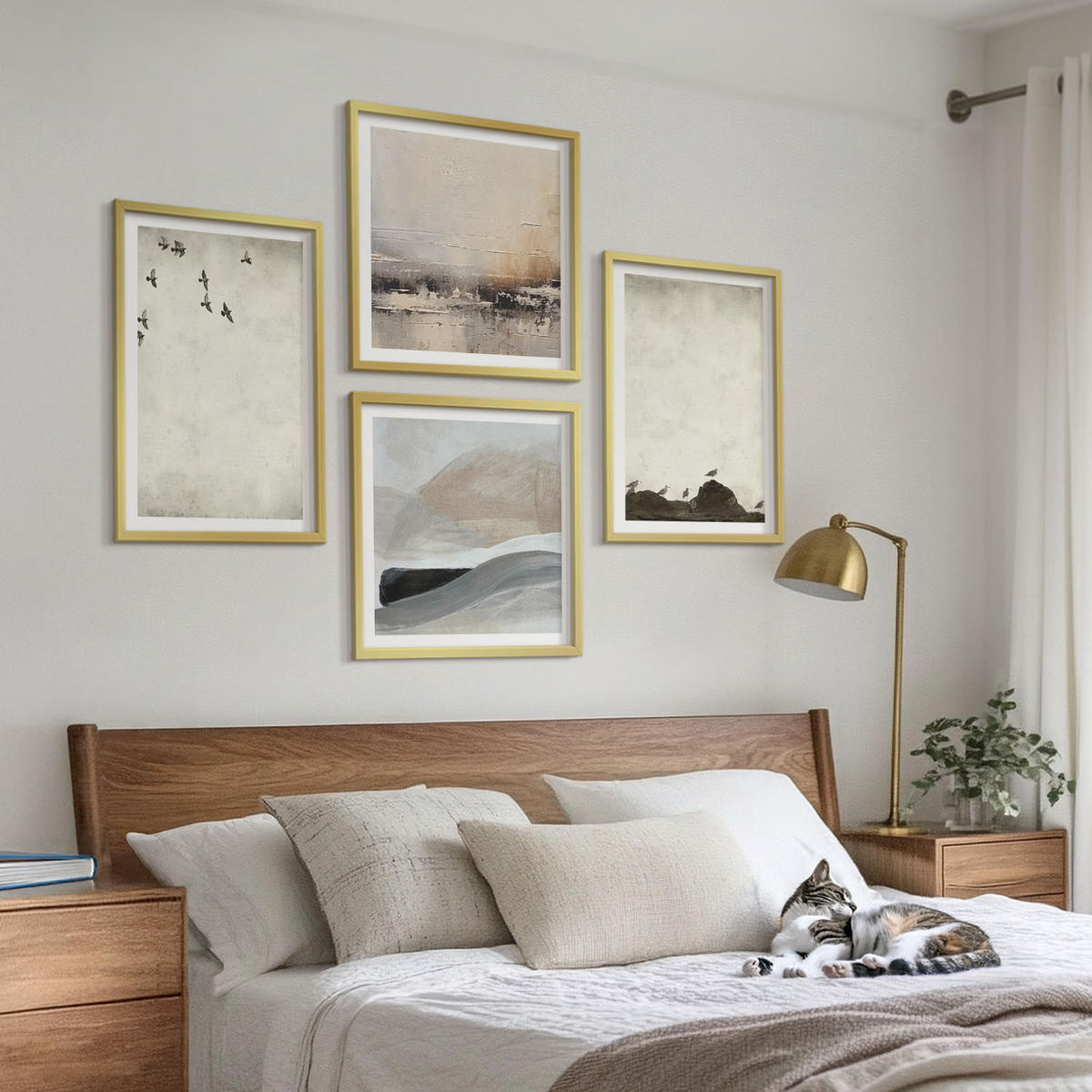 WANDBILDER 4er Set - 50x50 cm & 40x60 cm Goldrahmen - Vögel, Steine, Pinselstriche, Verzierungen - Goldfarben, Kunststoff (50/50cm) - ArtPrintCave