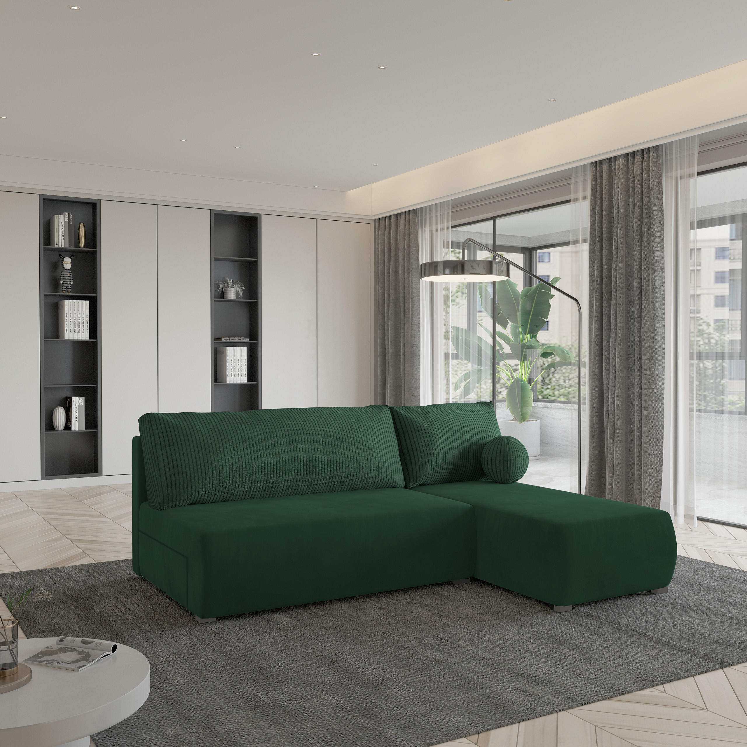 ECKSOFA PARVELO Grün Plüsch-Stoff mit Schlaffunktion - Grün, Holz (200/143cm) - MASSENO