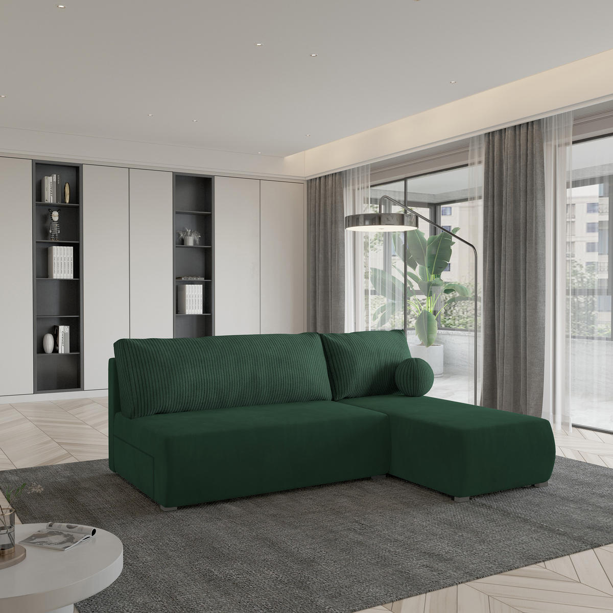 ECKSOFA PARVELO Grün Plüsch-Stoff mit Schlaffunktion - Grün, Holz (200/143cm) - MASSENO